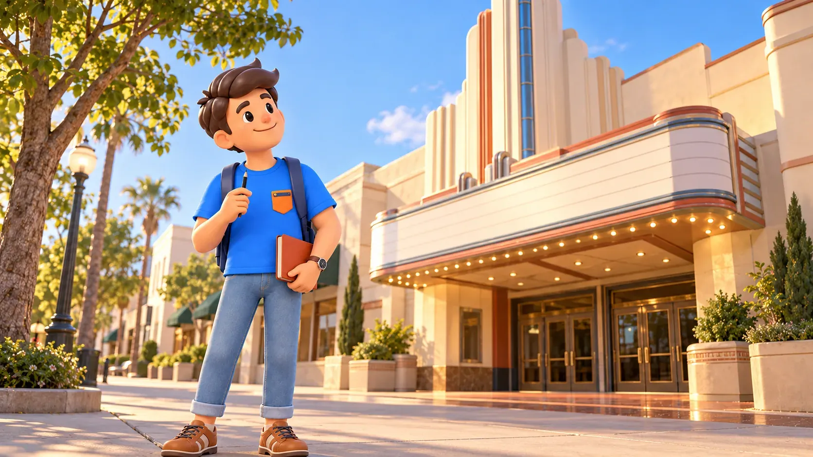 Traveler with a notebook and pencil observing a stylized theatre exterior