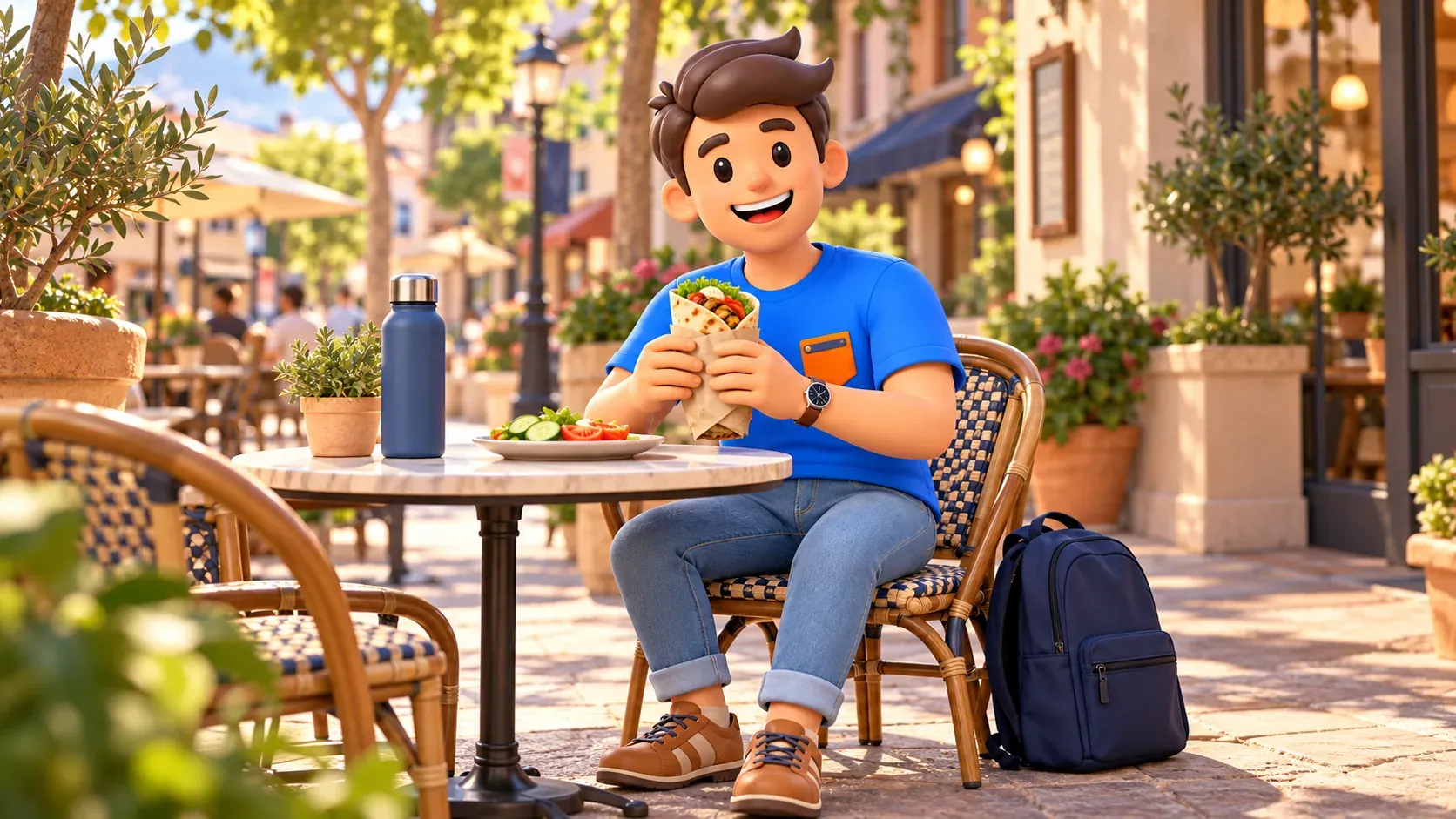 Traveler having lunch on an outdoor terrace between cultural visits