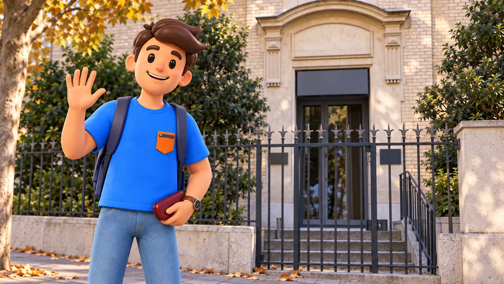 RoadMe character greeting the viewer outside Musée Curie while holding his closed glasses case.