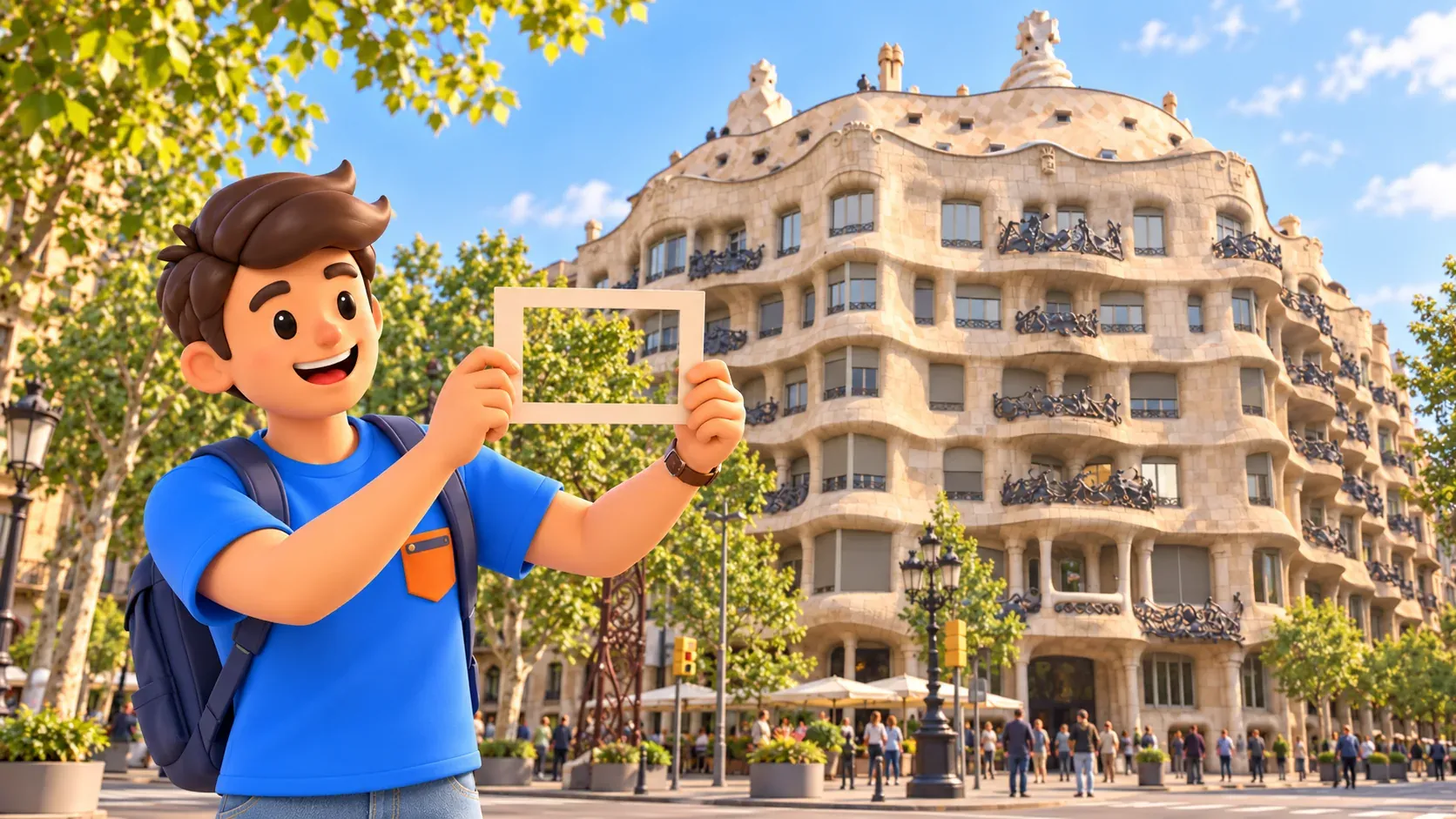 Illustration eines Reisenden mit Papprahmen auf dem öffentlichen Gehweg vor der wellenförmigen Fassade der Casa Milà.