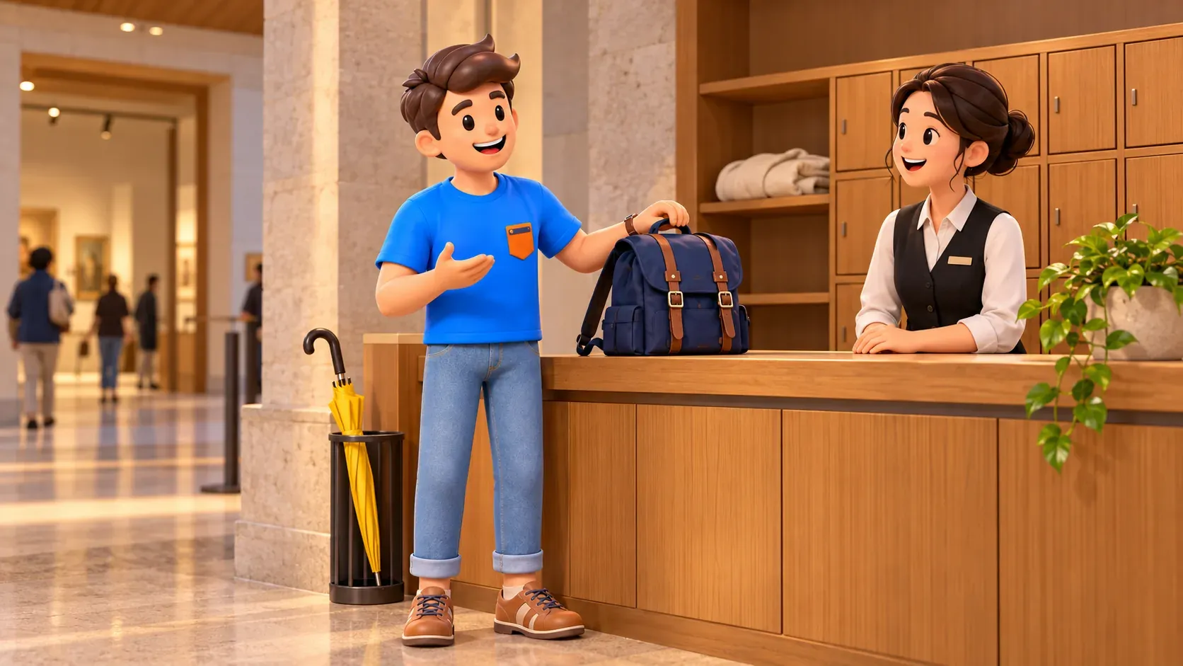Illustration conceptuelle du dépôt d’un petit sac auprès du personnel d’un vestiaire de musée non nommé