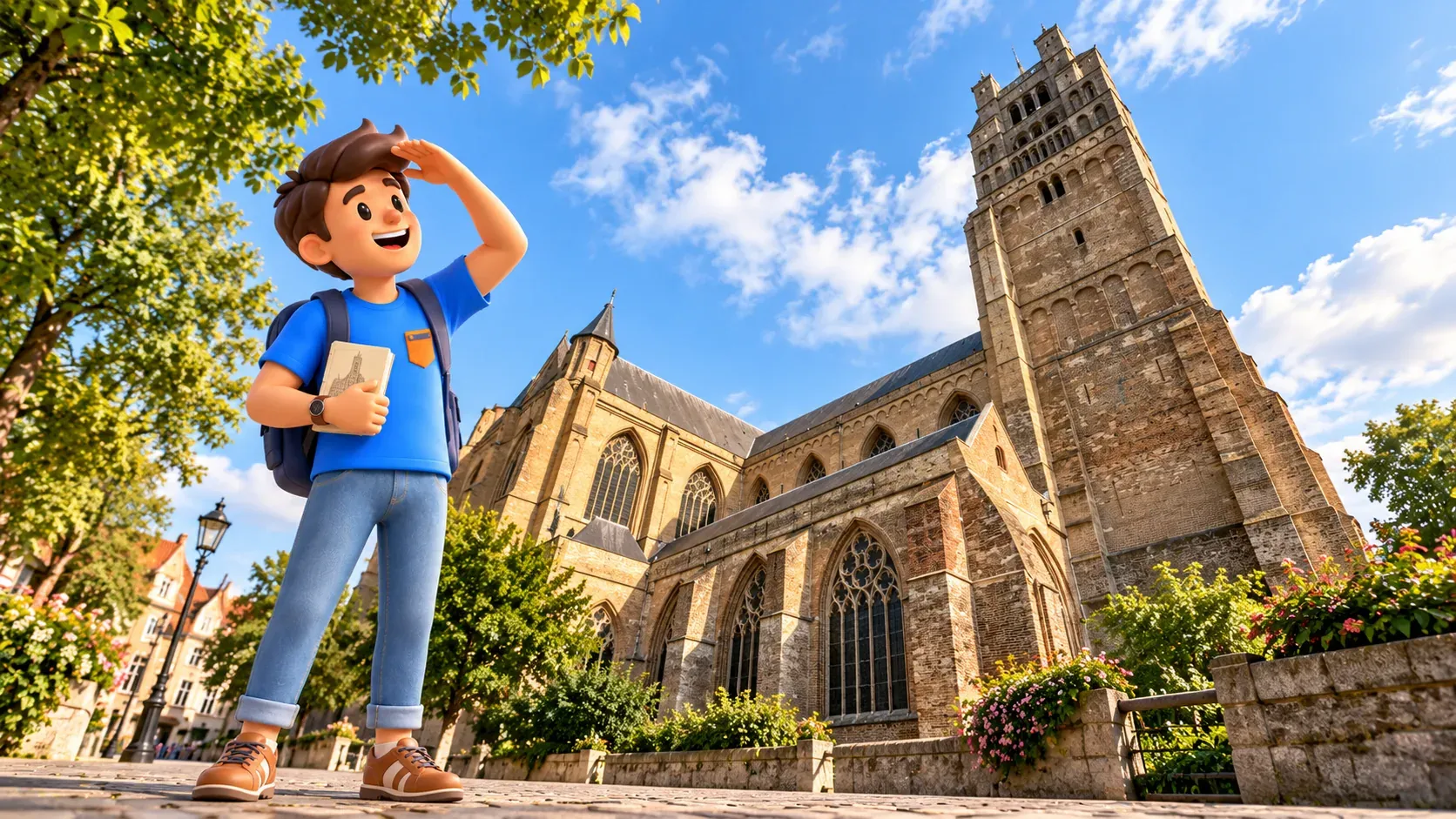 Character holding a closed book and shading his eyes to look at St Saviour’s square tower