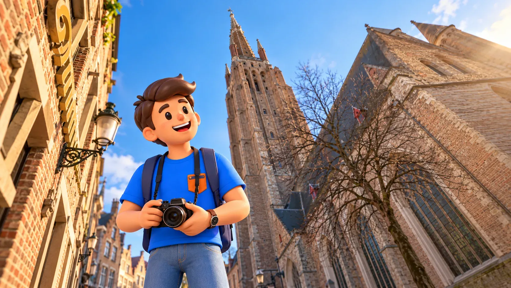 Character holding a camera at waist height and looking up at the Church of Our Lady’s spire