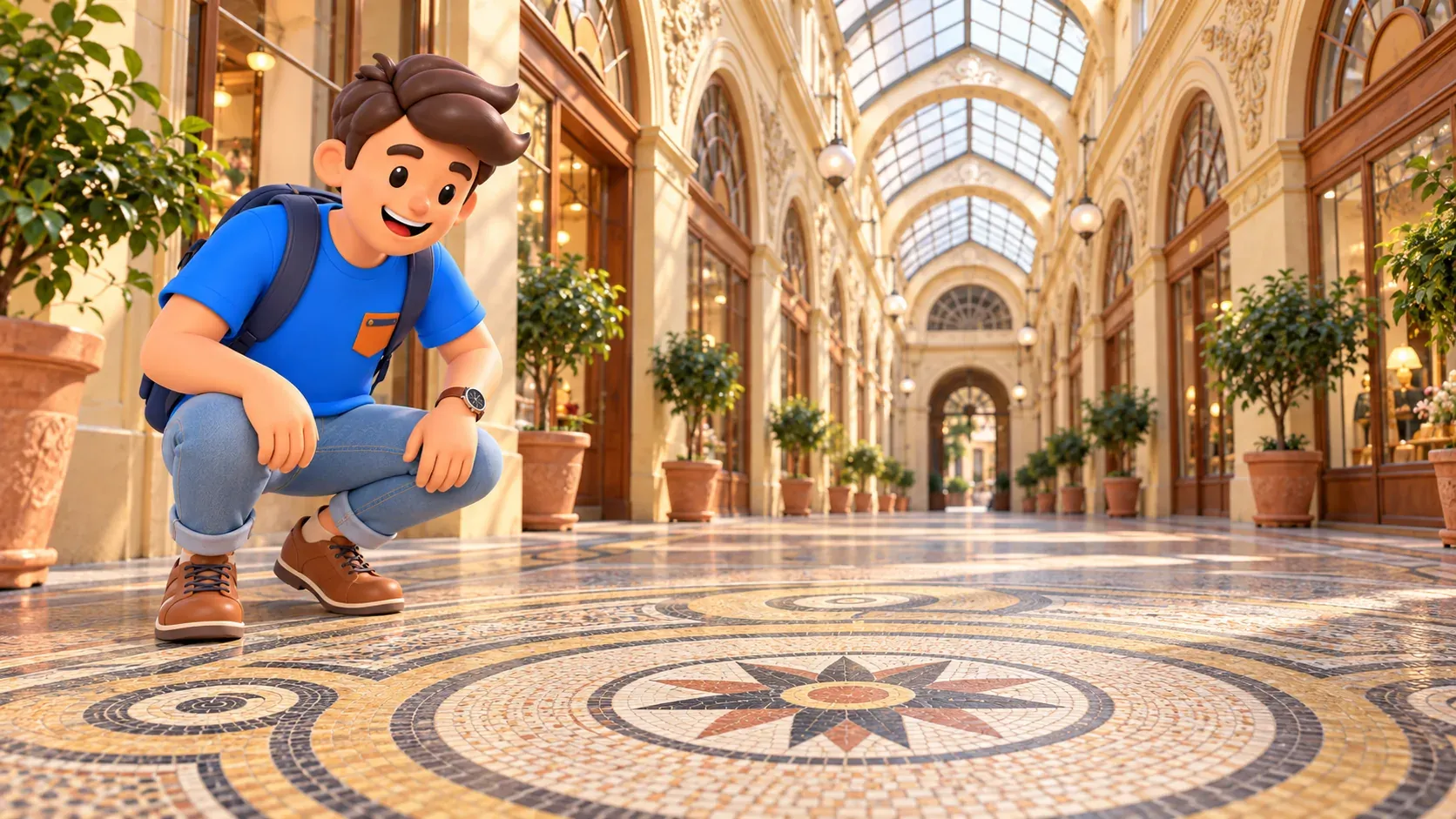 A traveler crouches at the side of Galerie Vivienne to examine a circular mosaic beneath the glass roof.