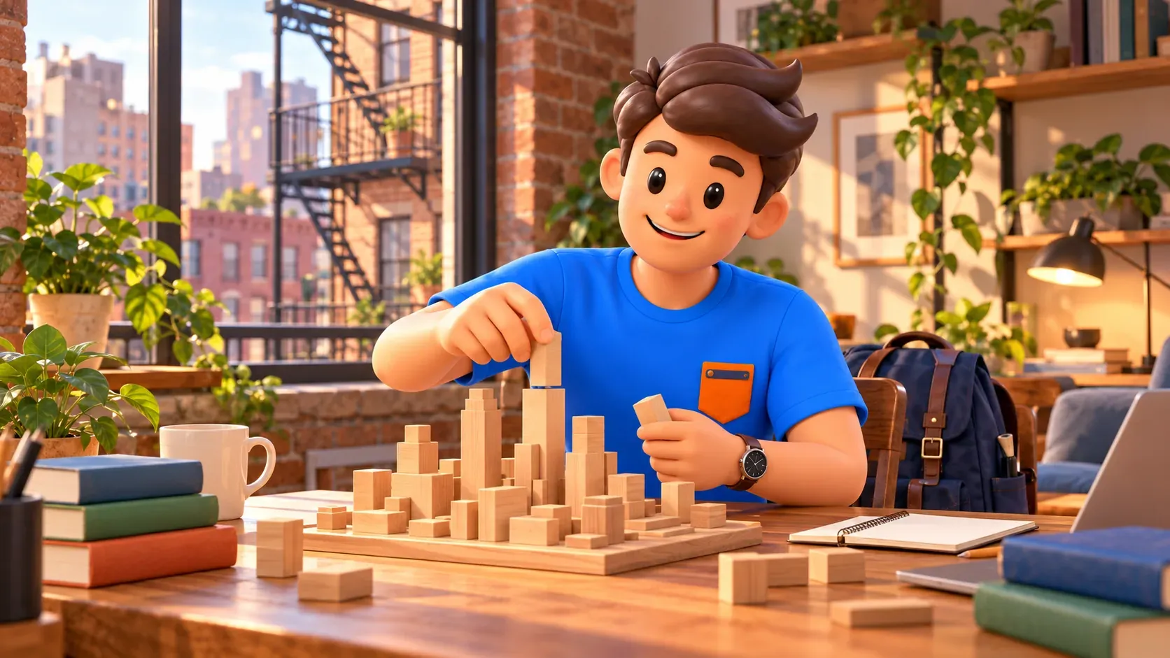 Conceptual illustration of a traveler building his own wooden-block city, not the museum Panorama.