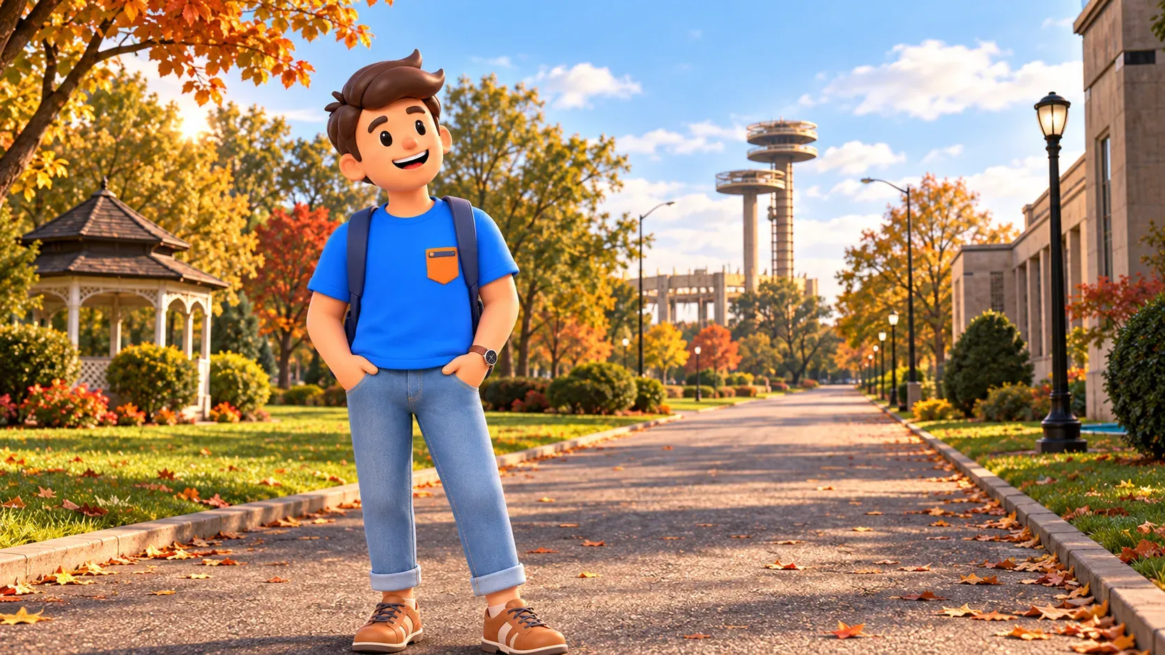 Illustration of a traveler on a park path, with New York State Pavilion towers in the distance.