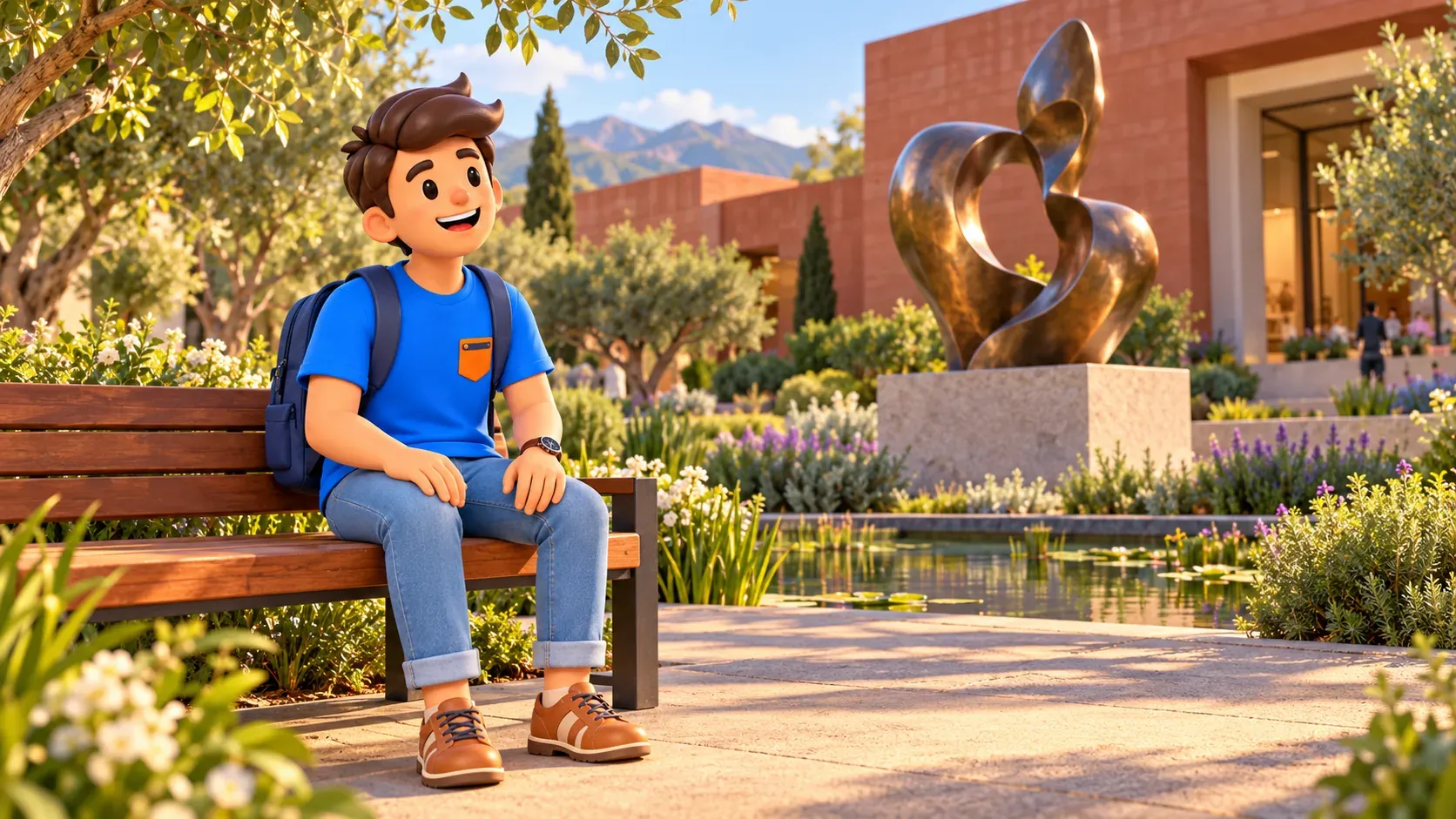 Un viajero sentado en un banco observa una escultura abstracta en un jardín de museo.