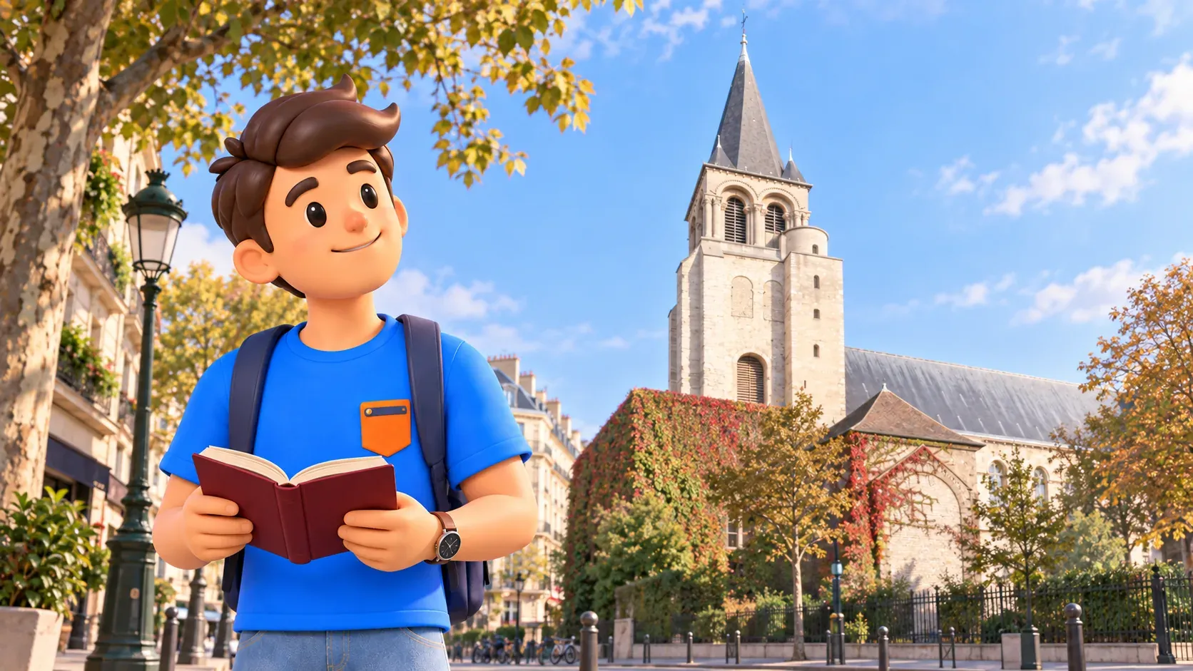 Mascot holding an open book and looking towards the tower of Saint-Germain-des-Prés.