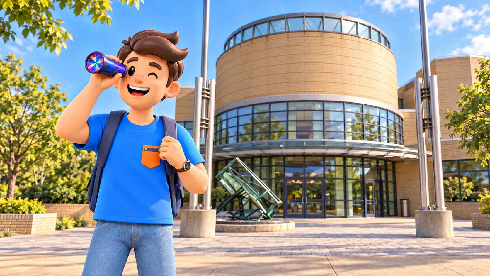 Illustration of a traveler with his own kaleidoscope outside the New York Hall of Science.