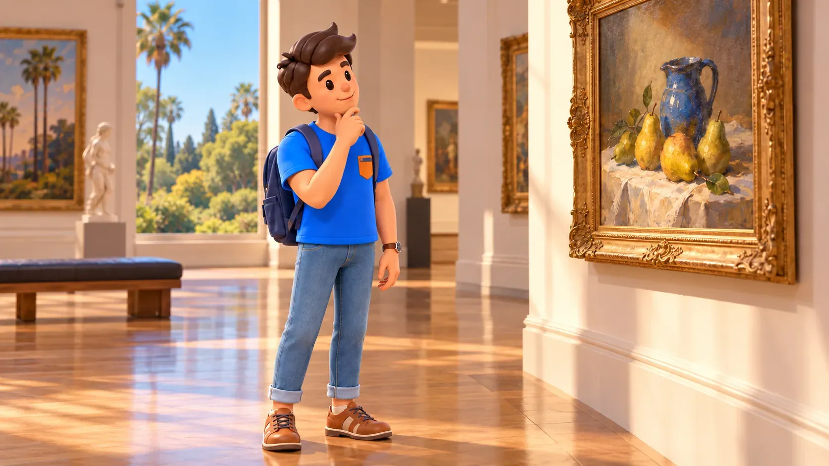 El viajero observa un bodegón imaginario en una galería ilustrada con vistas a un jardín.