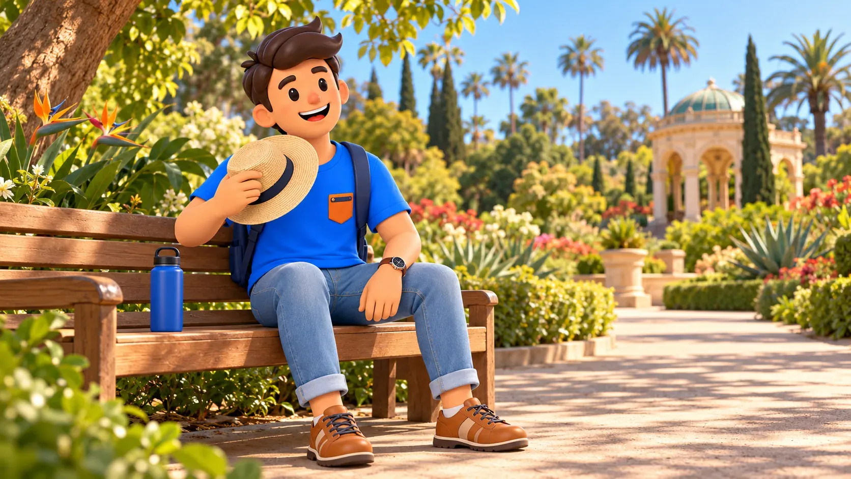 El viajero descansa en un banco del jardín con sombrero y una botella de agua cerrada.