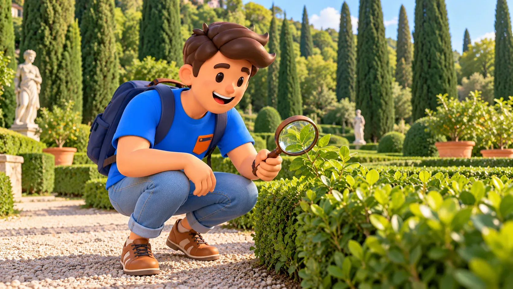 Voyageur observant des feuilles à la loupe depuis une allée du jardin Giusti