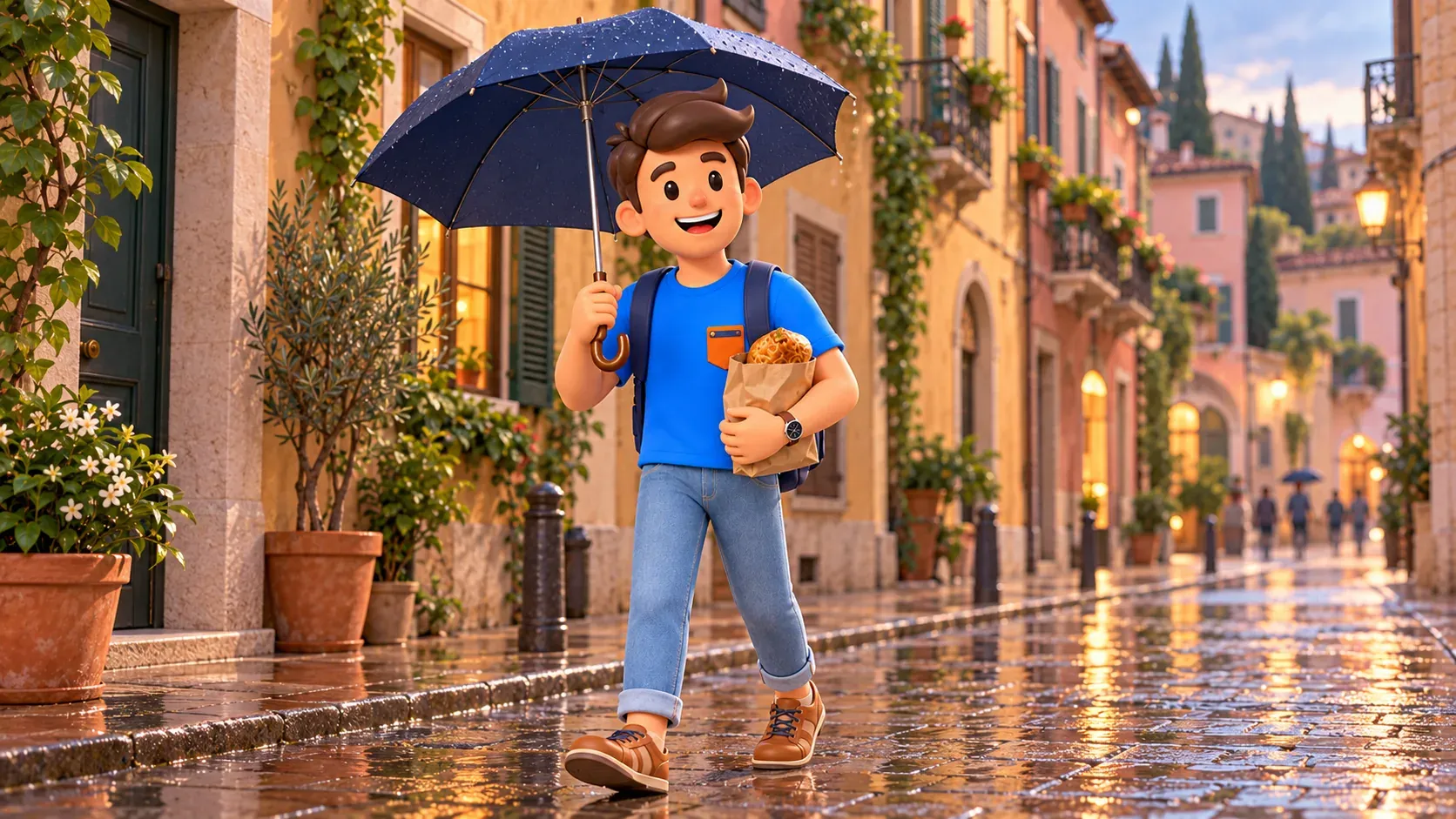 Personnage marchant dans une rue mouillée avec un parapluie et un sac en papier