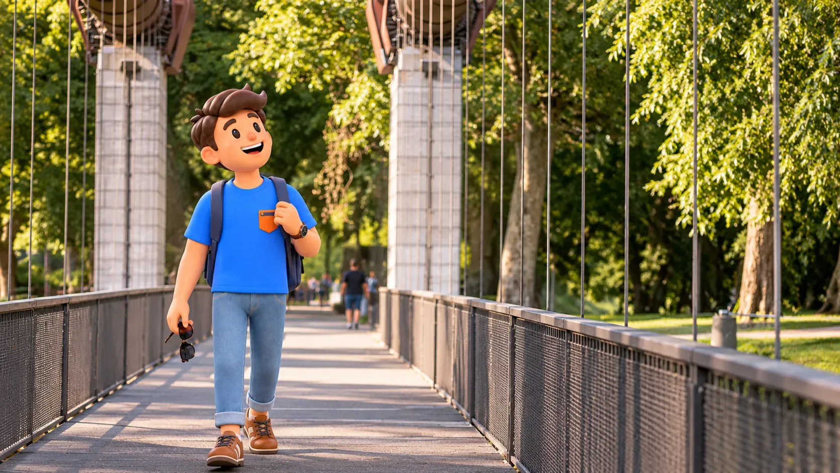Character holding sunglasses while walking across the Conzett Bridge beneath vertical cables