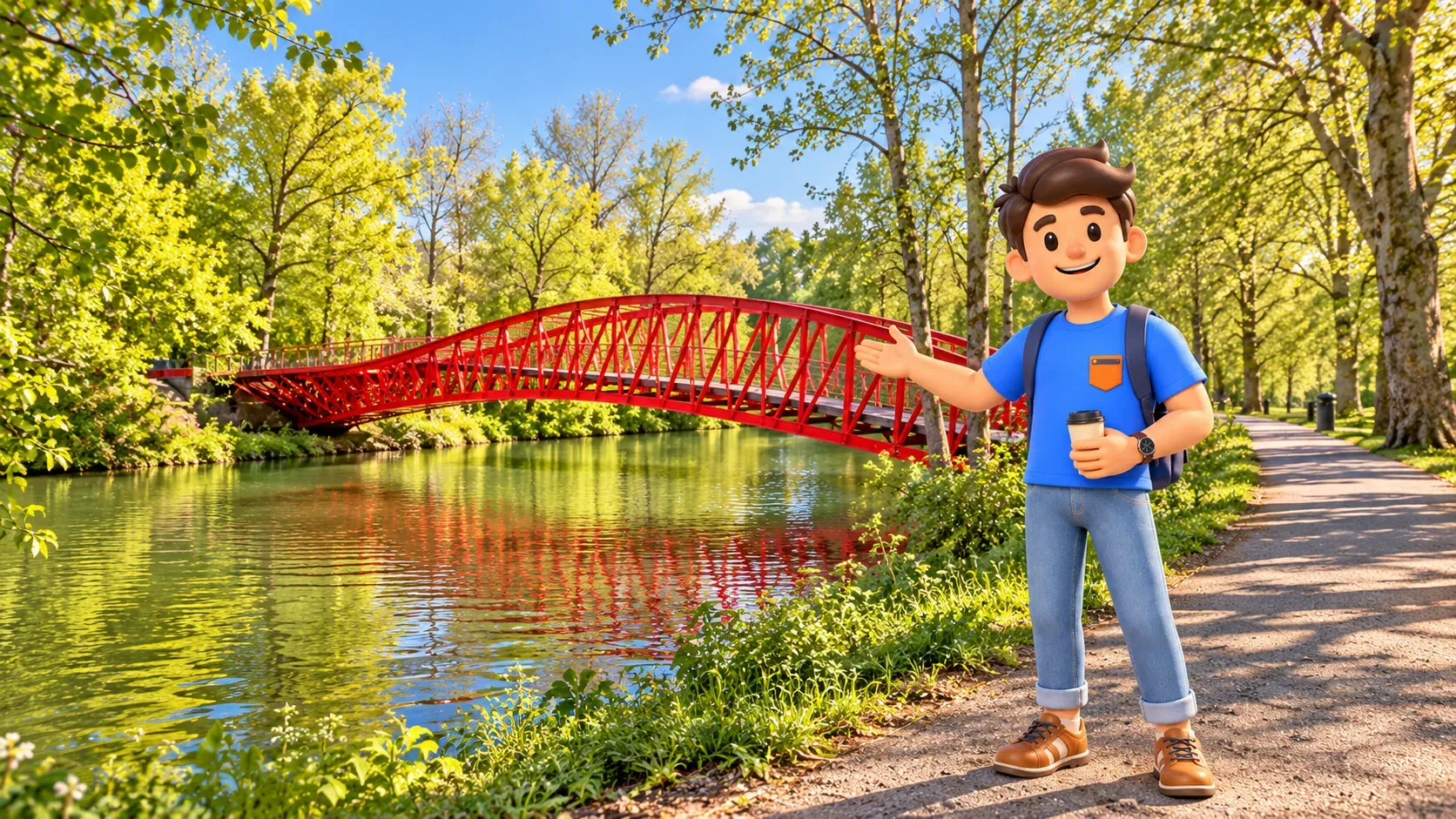 Character holding a lidded travel mug and gesturing towards red Bargebrug among trees