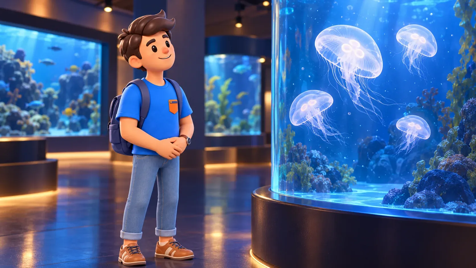 Traveler watching jellyfish in a stylized aquarium gallery