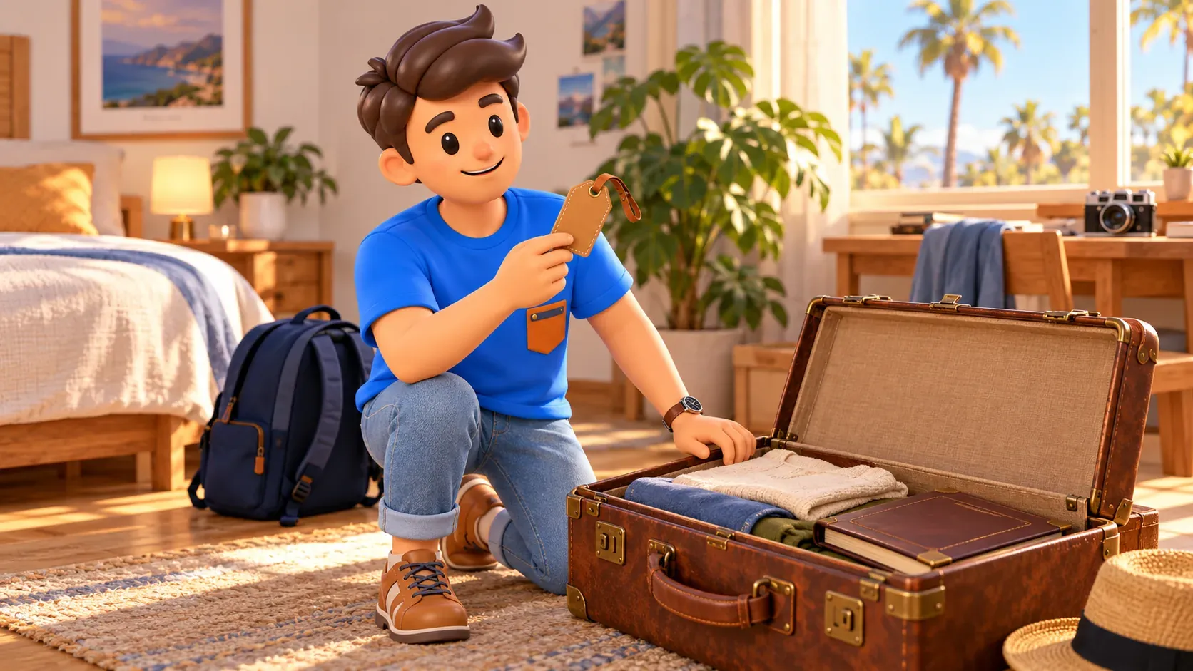 Traveler examining a luggage tag beside his own vintage suitcase