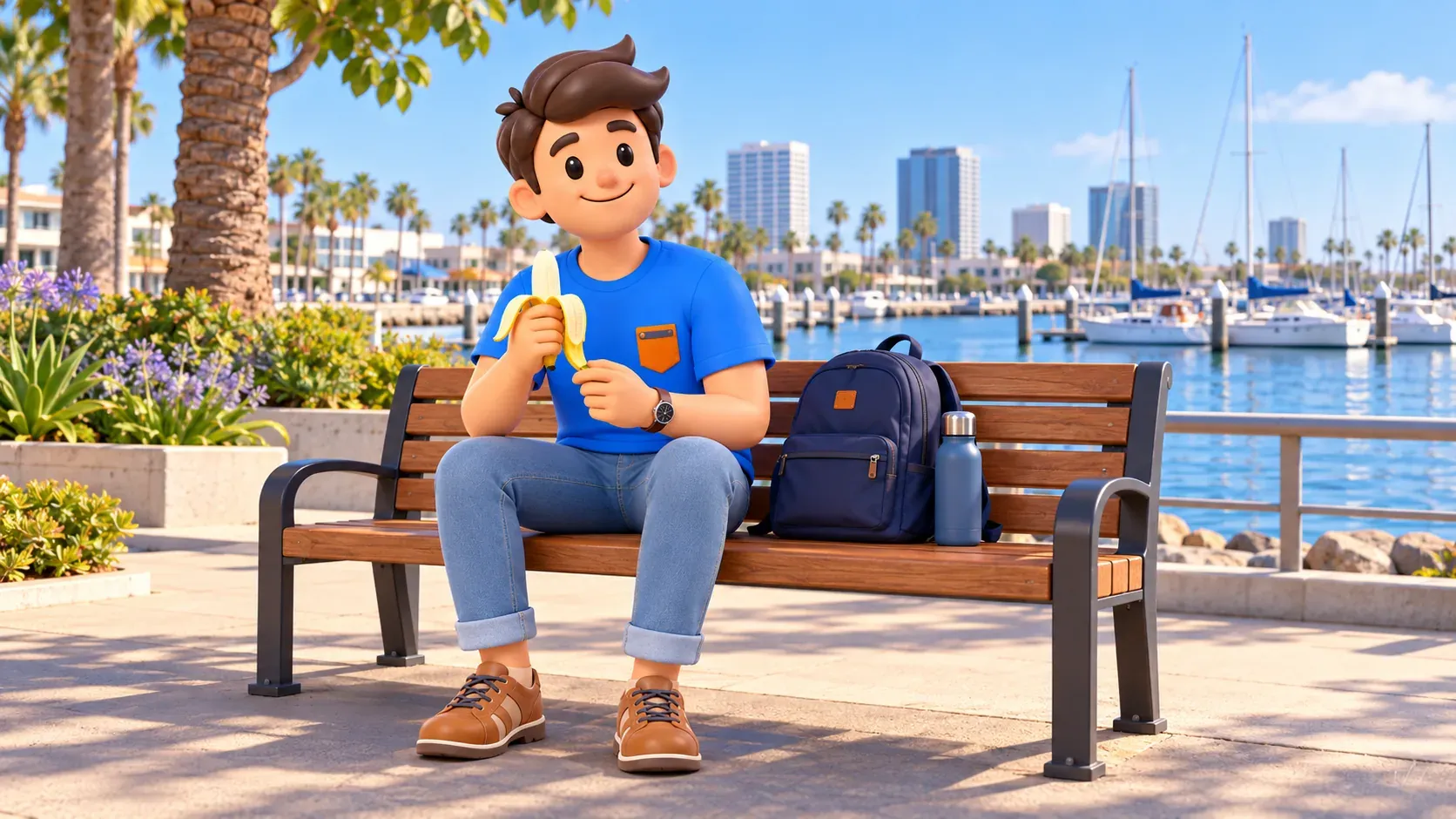 Traveler resting with a banana on a bench beside an urban harbour