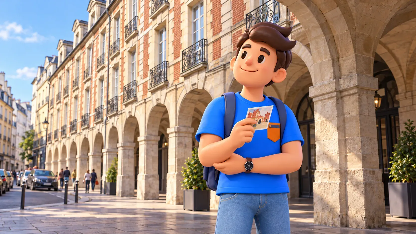 Mascot with a postcard observing the stone arcades and brick façades of Place des Vosges.