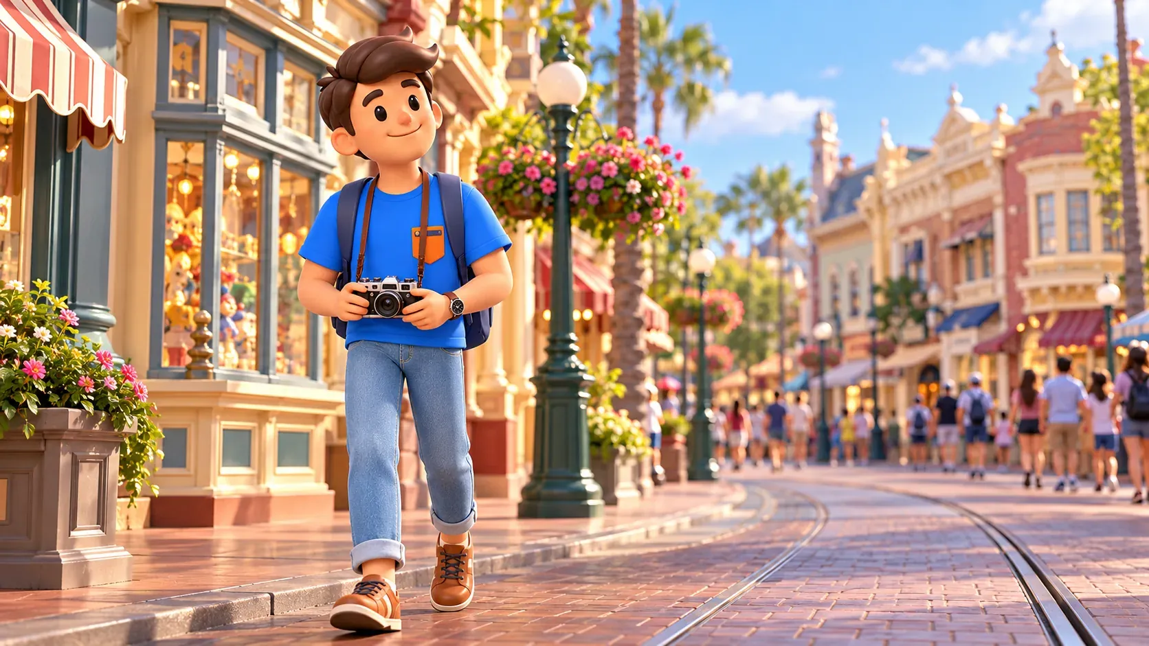 Le voyageur avec un appareil photo observe des façades américaines ; illustration.