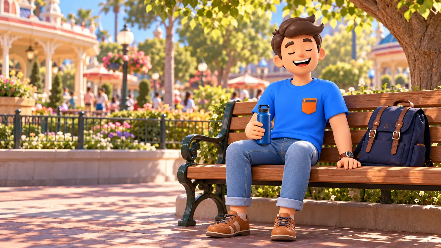 Le voyageur se repose sur un banc à l’ombre avec une gourde.