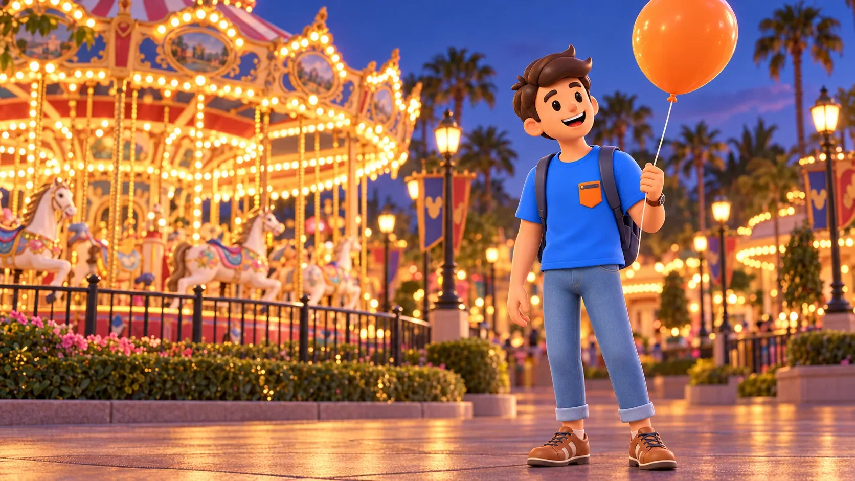 Le voyageur tient un ballon orange près d’un carrousel éclairé le soir ; illustration.