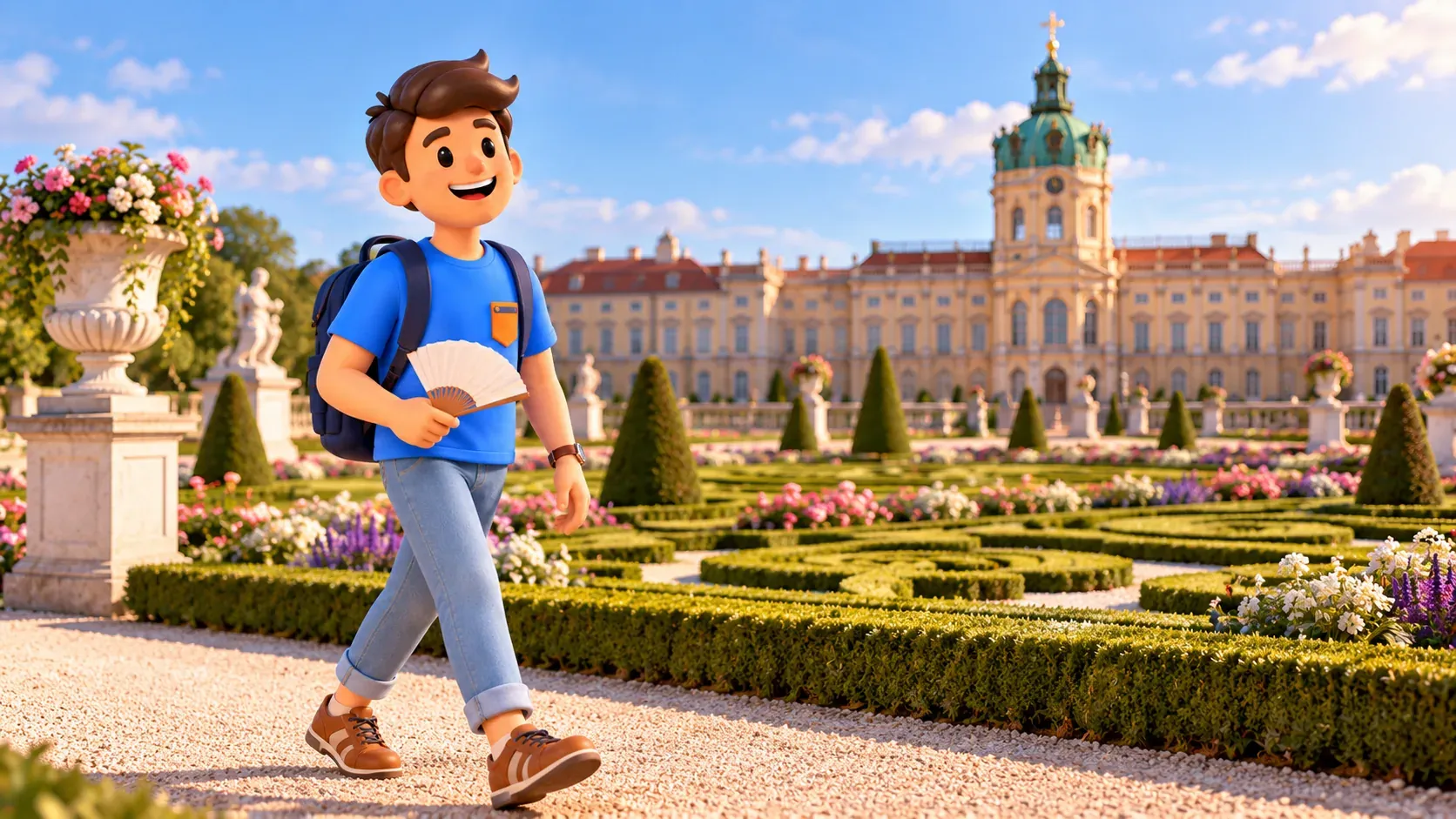 Illustration eines Reisenden mit Fächer an geometrischen Beeten im Schlossgarten.