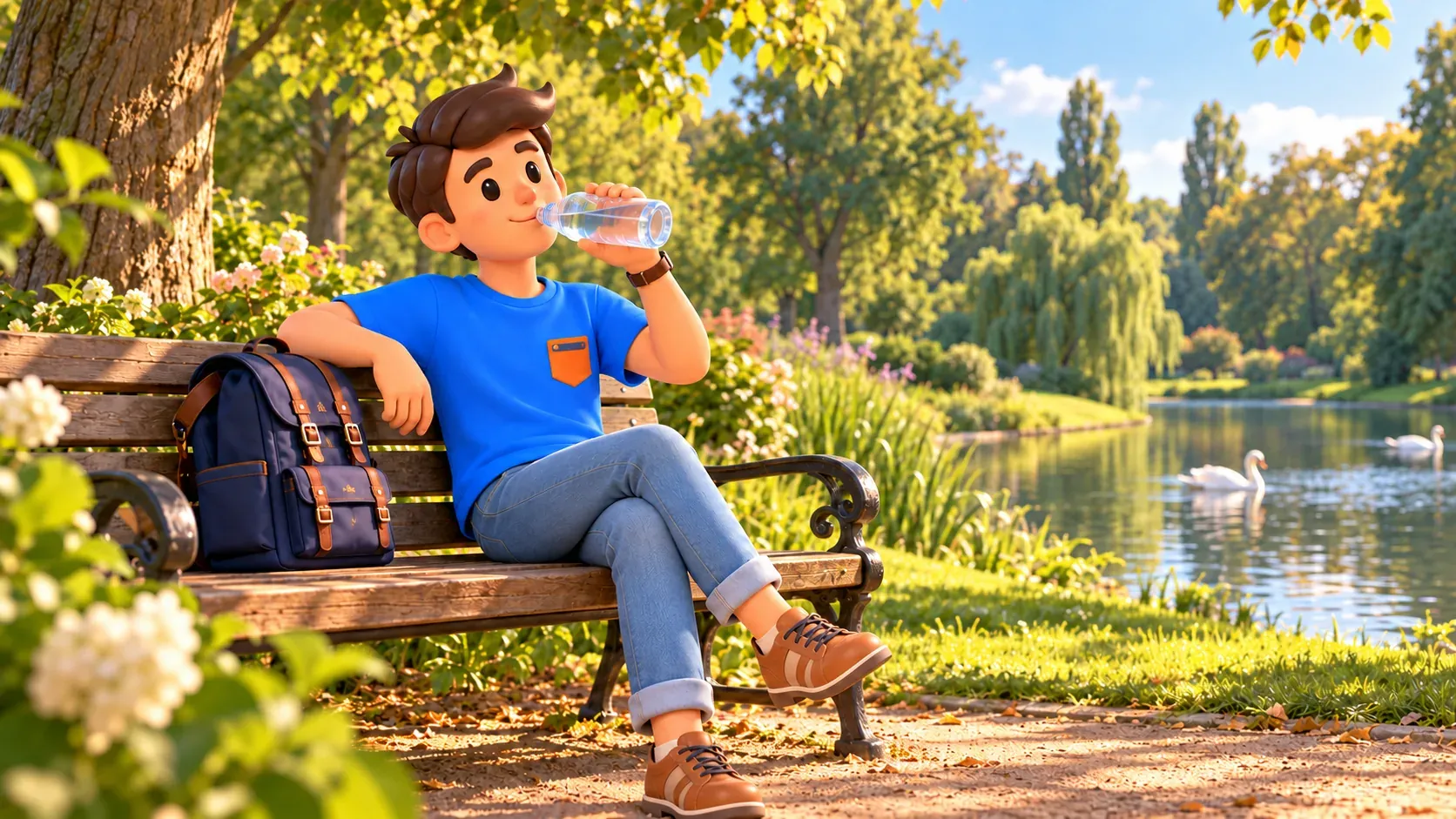 Illustration eines Reisenden mit offener Wasserflasche auf einer Bank am Teich.