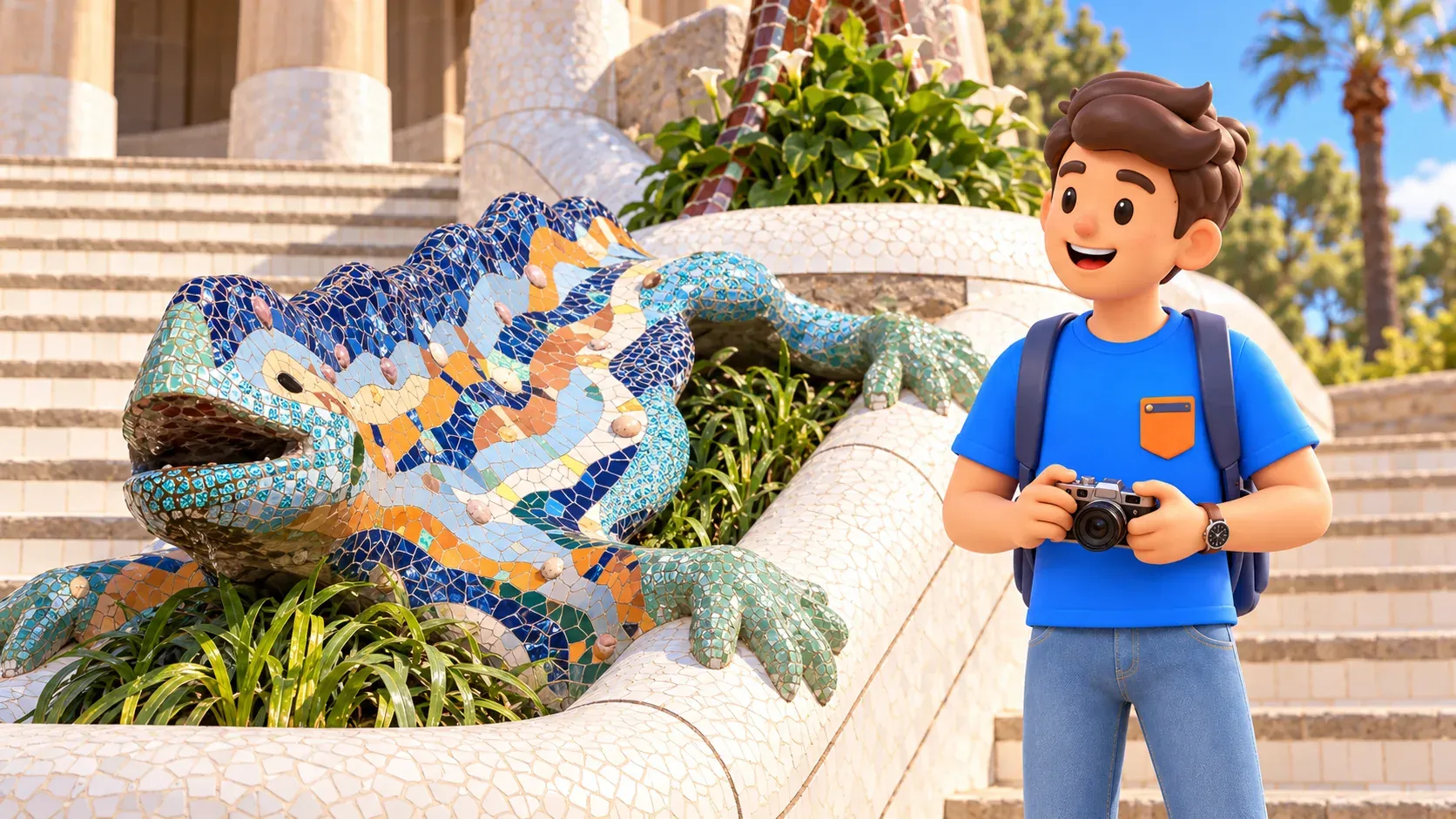 Ilustración de un viajero con cámara en un paso de visitantes junto al dragón de mosaico de Park Güell.