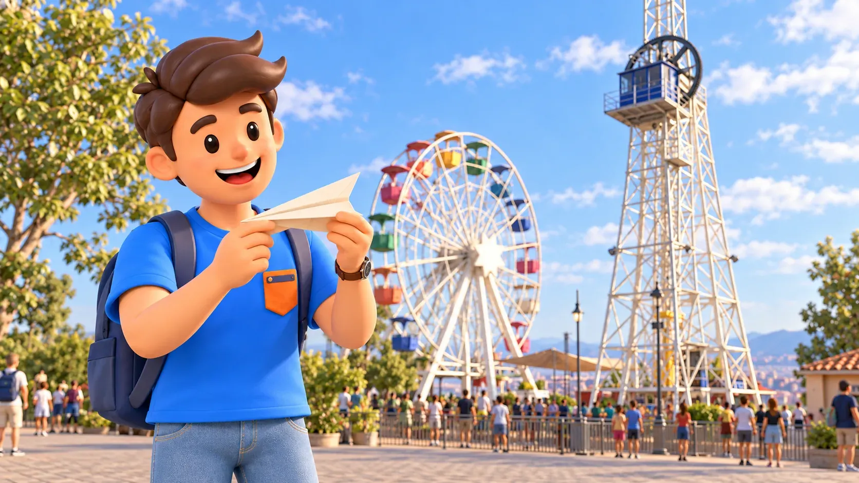 Ilustración de un viajero con avión de papel ante la noria Giradabo y la torre Talaia en Tibidabo.