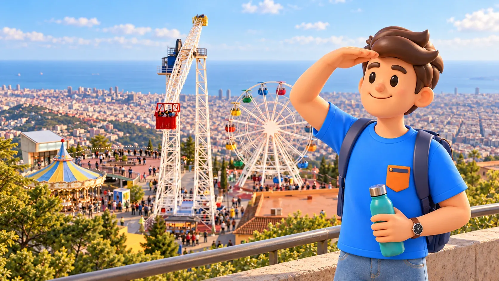 Ilustración de un viajero con botella cerrada en un mirador de Tibidabo sobre la ciudad y las atracciones.