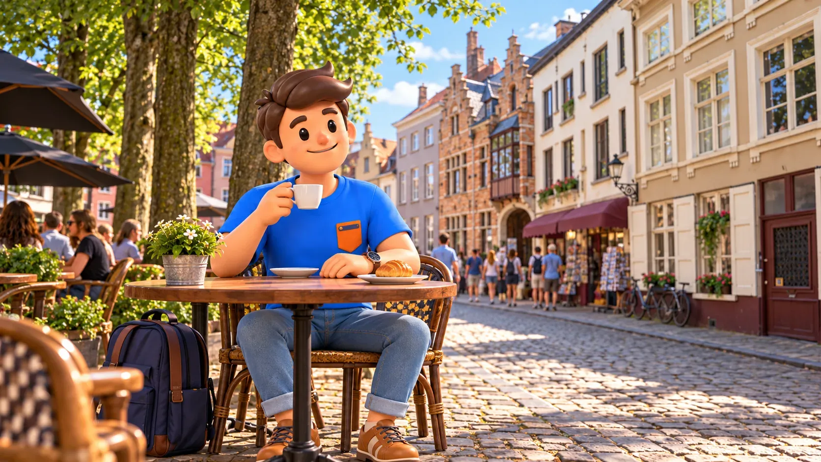 Personnage avec une tasse de café à une table sous les arbres du Walplein