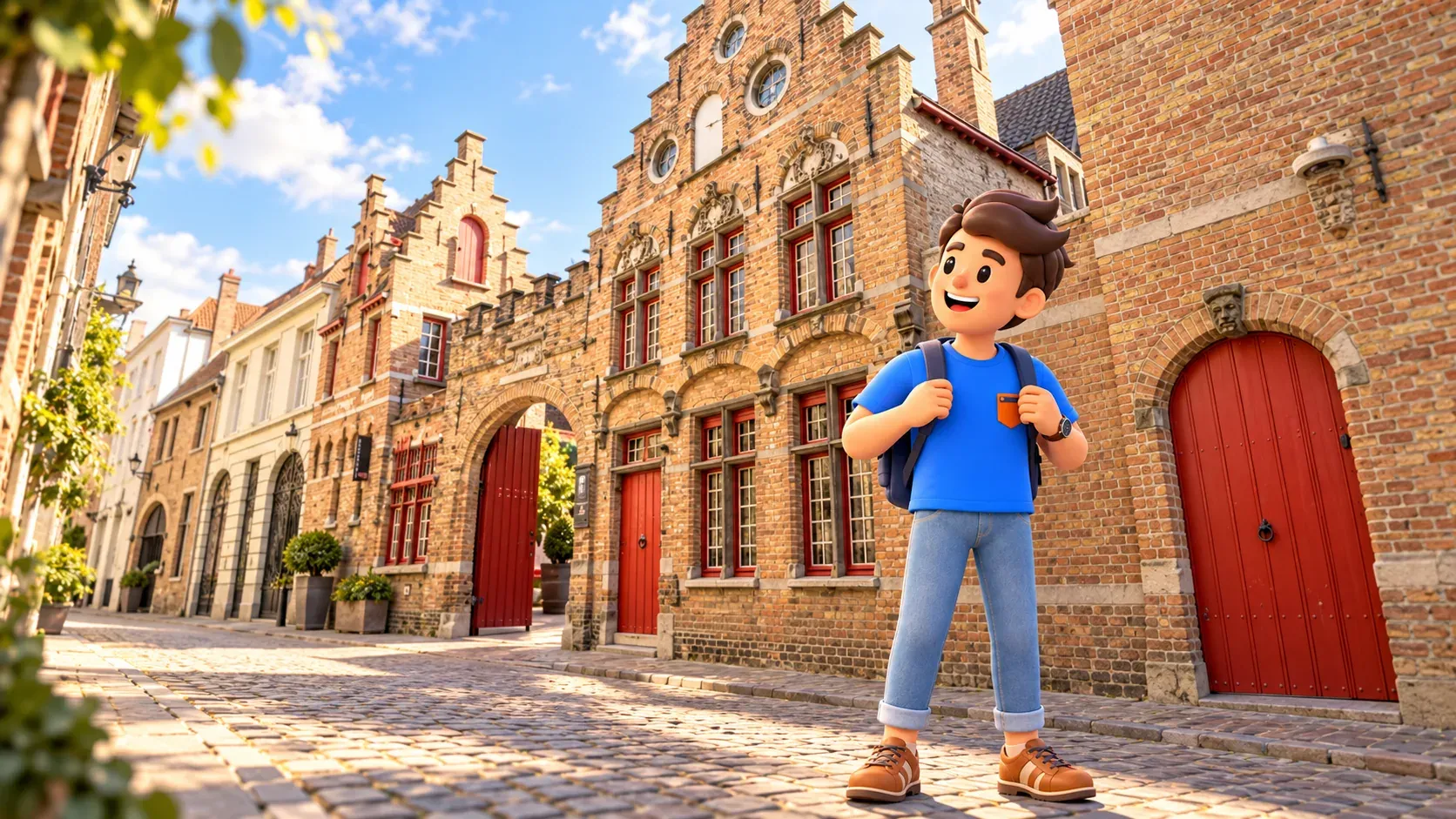 Personnage tenant les bretelles de son sac devant la façade de brique et les fenêtres rouges de Bourgogne des Flandres