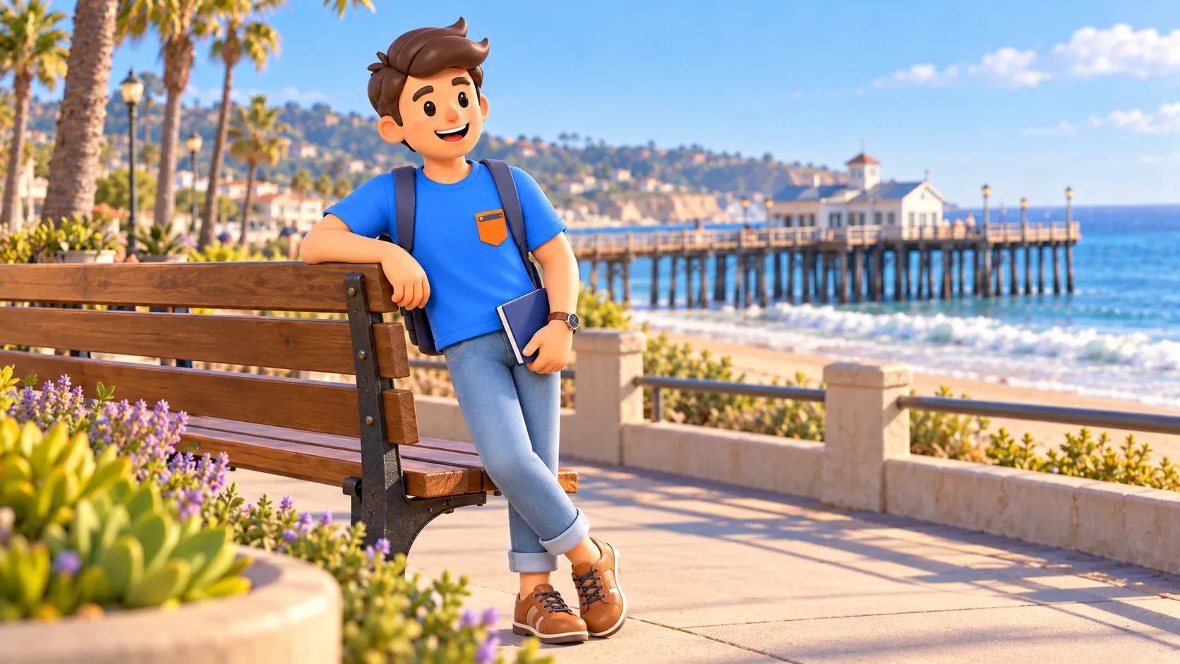 Traveler with a notebook beside a bench and a stylized pier in the distance.