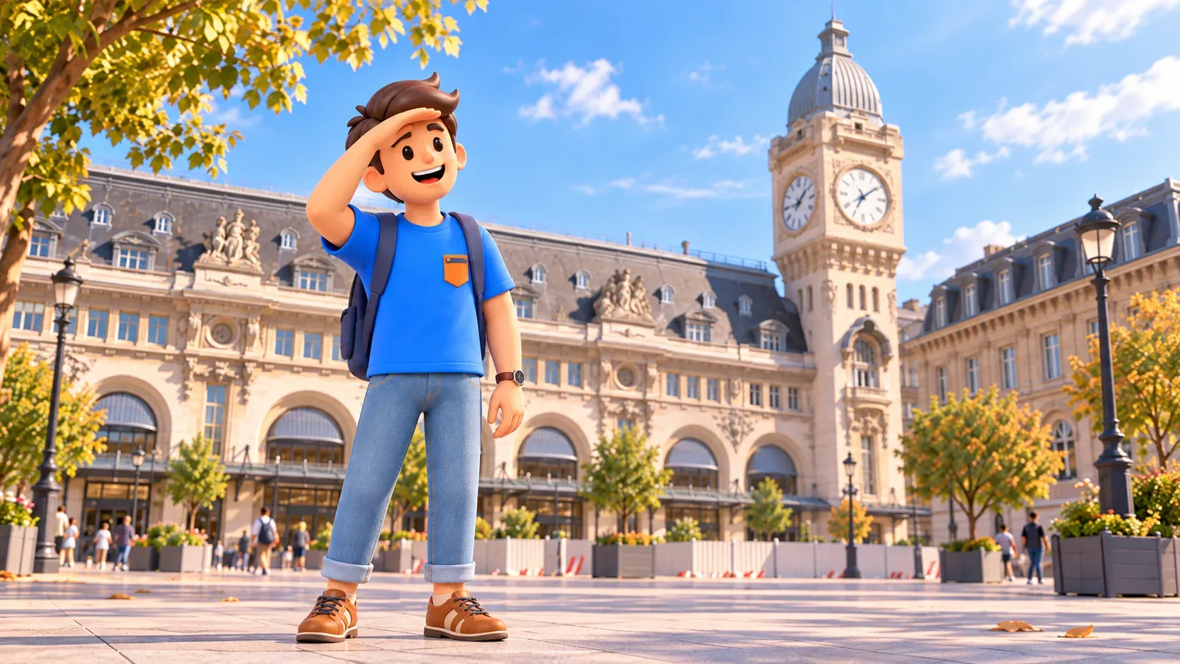 Ein Reisender beschattet die Augen mit der rechten Hand und betrachtet den Uhrturm der Gare de Lyon vom öffentlichen Vorplatz.