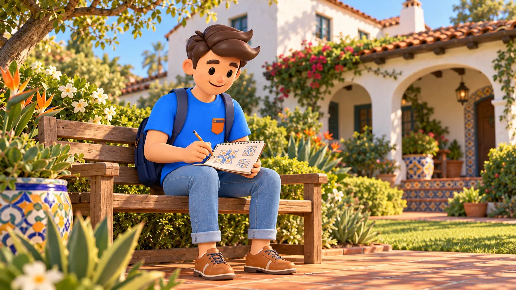 Traveler sketches tile patterns in his own book in a garden; illustration.