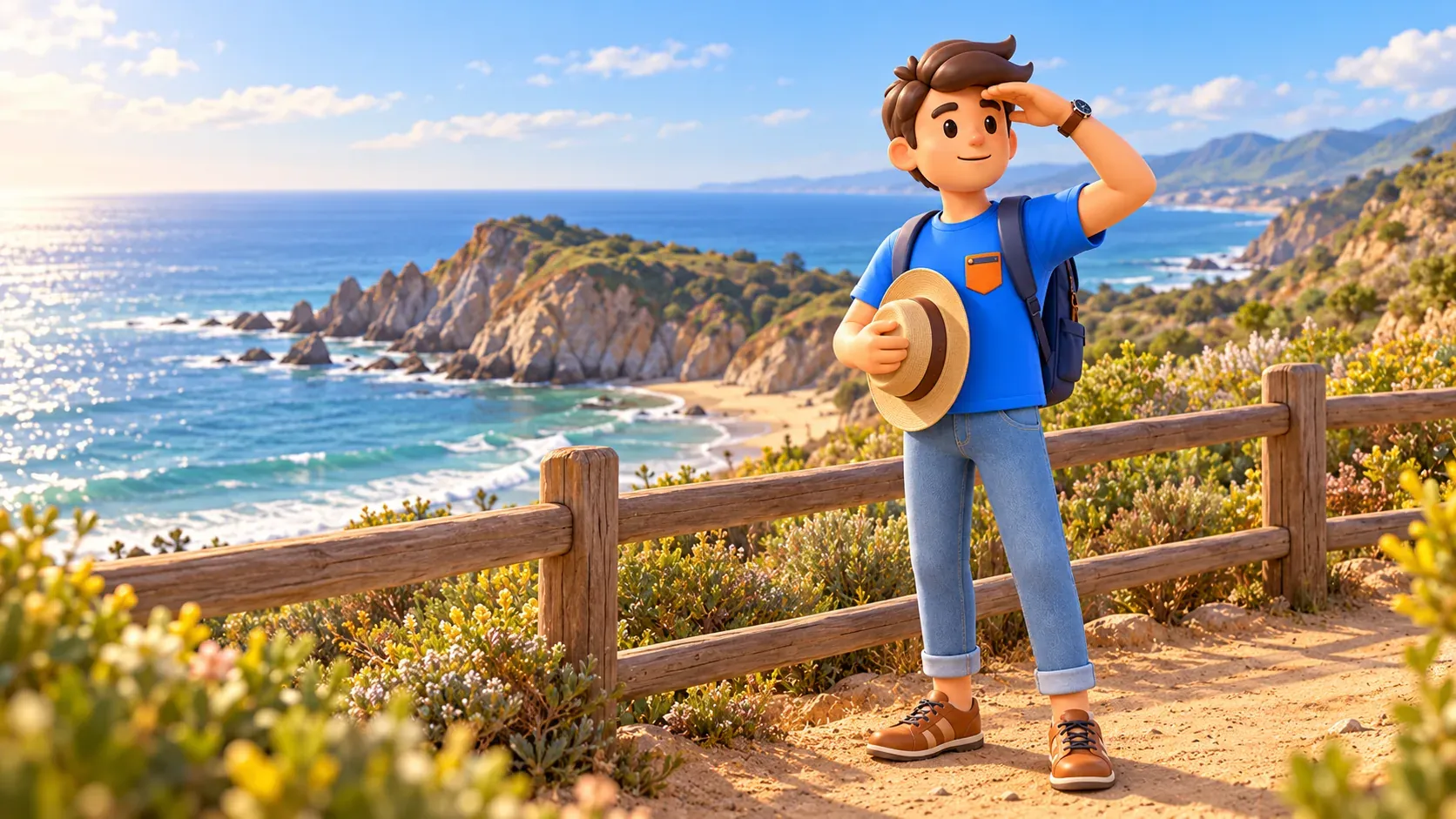 Traveler with a sunhat looks toward a rocky coast from a railed path.