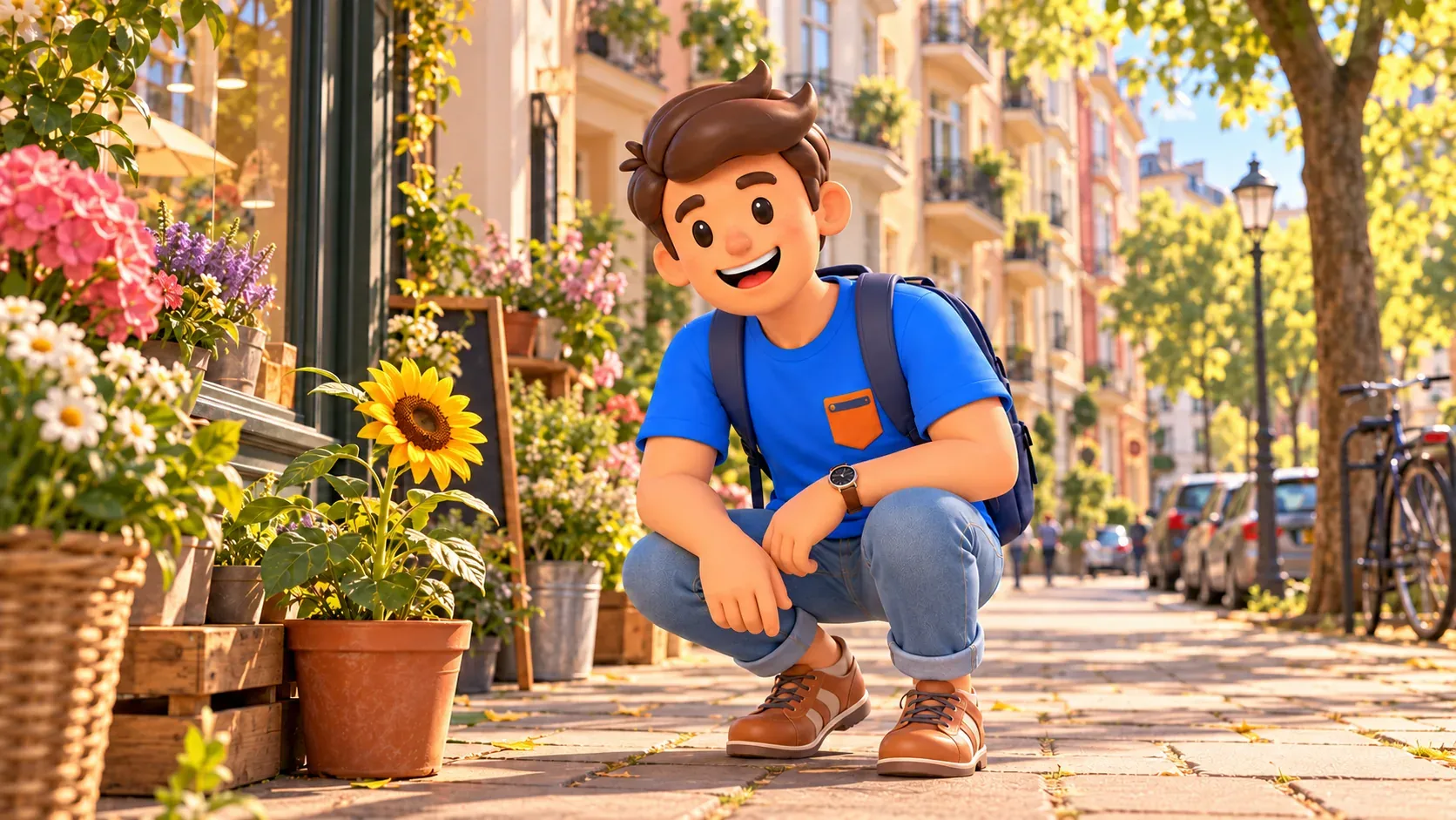 Ilustración de un viajero agachado junto a un girasol en maceta en una acera residencial.