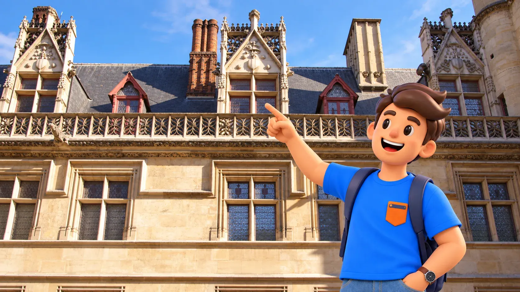 Personnage montrant un détail gothique de l’hôtel médiéval de Cluny