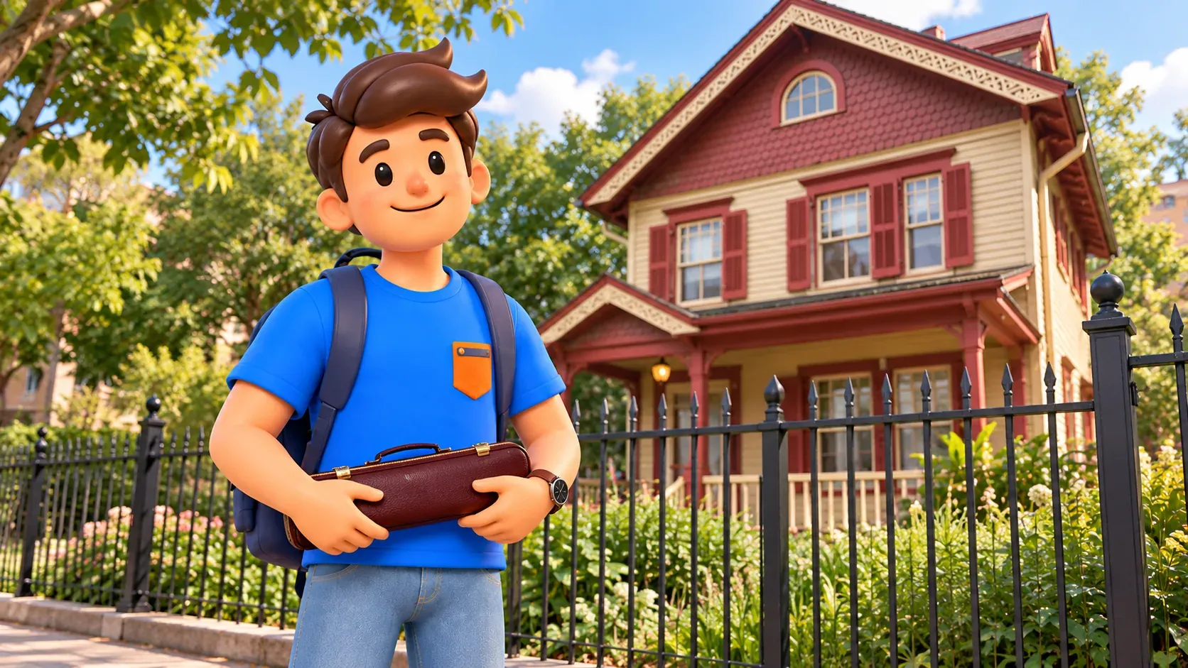 Ilustración de un viajero con su estuche de flauta cerrado ante Latimer House.