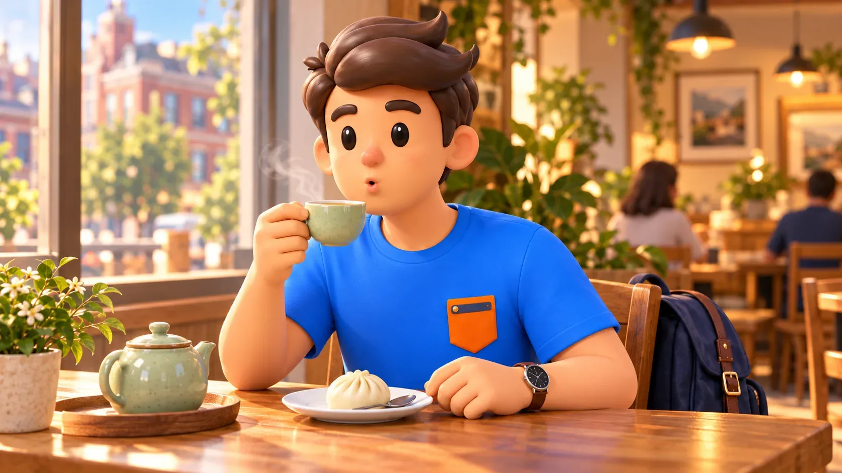 Ilustración conceptual de un viajero enfriando su té junto a un panecillo en un café imaginario.