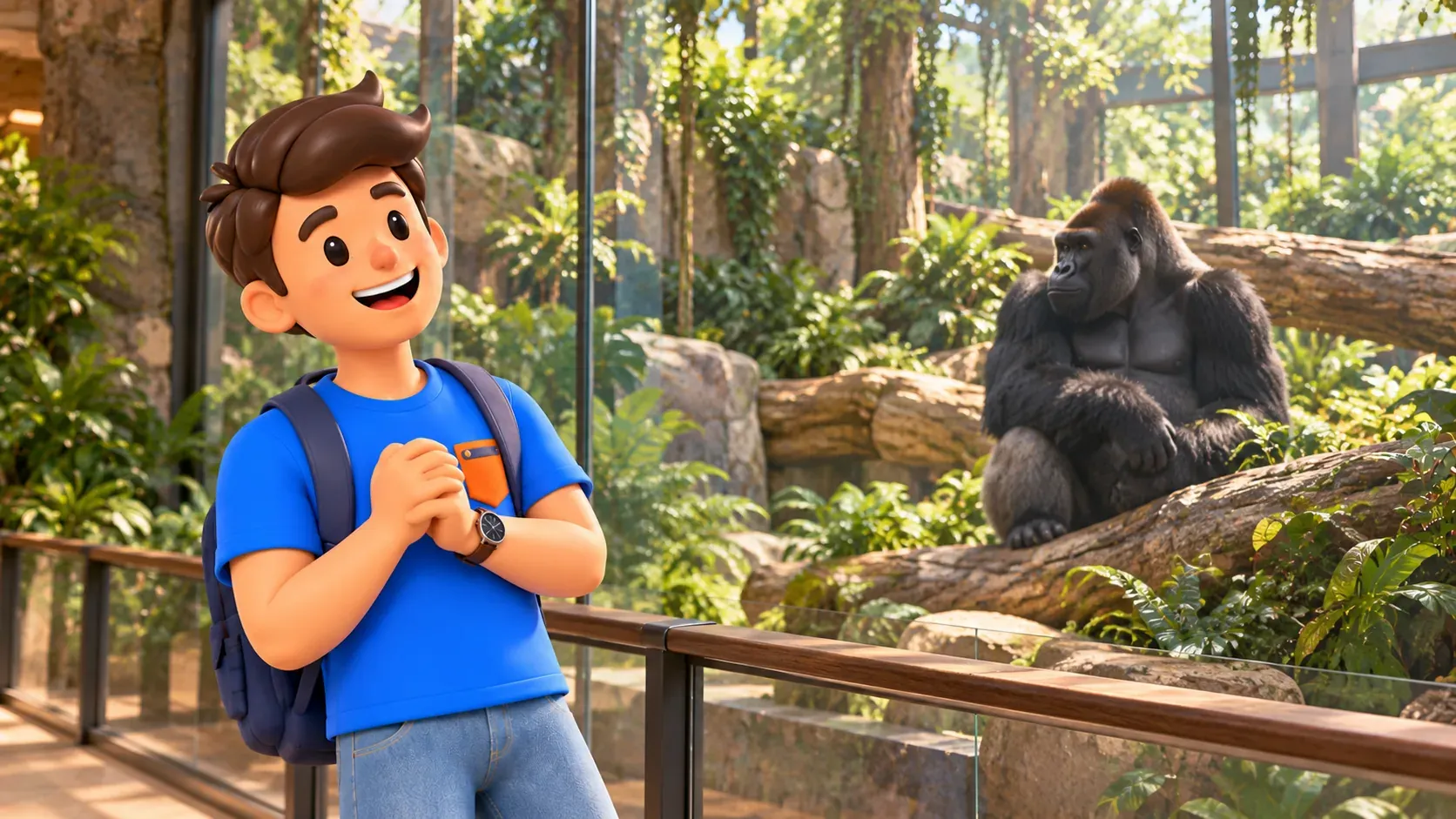 Viajero observando un gorila tras el cristal en una escena inspirada en Congo Gorilla Forest.