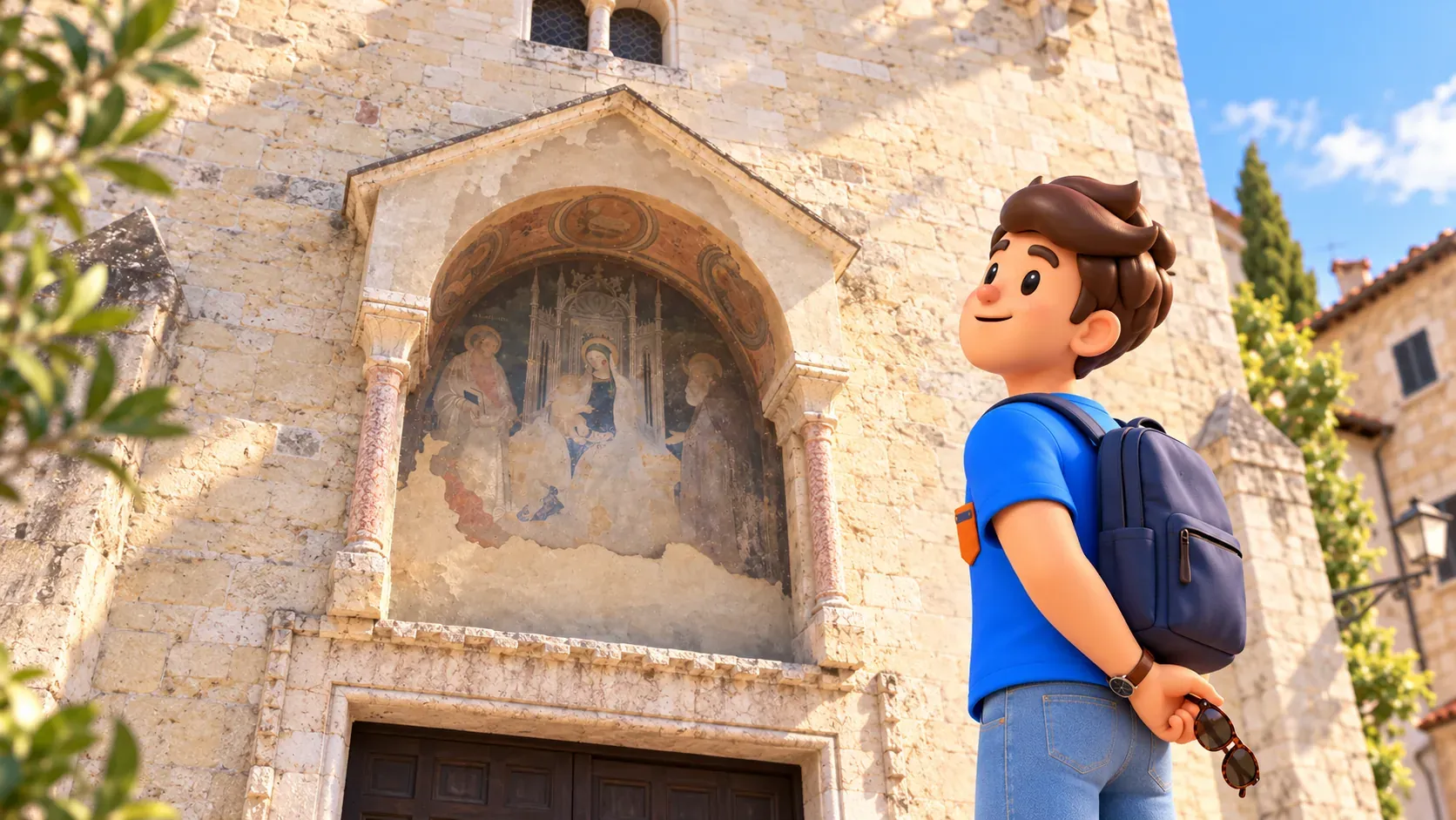 Figur betrachtet das alte Fresko über dem Eingang von San Giovanni in Valle