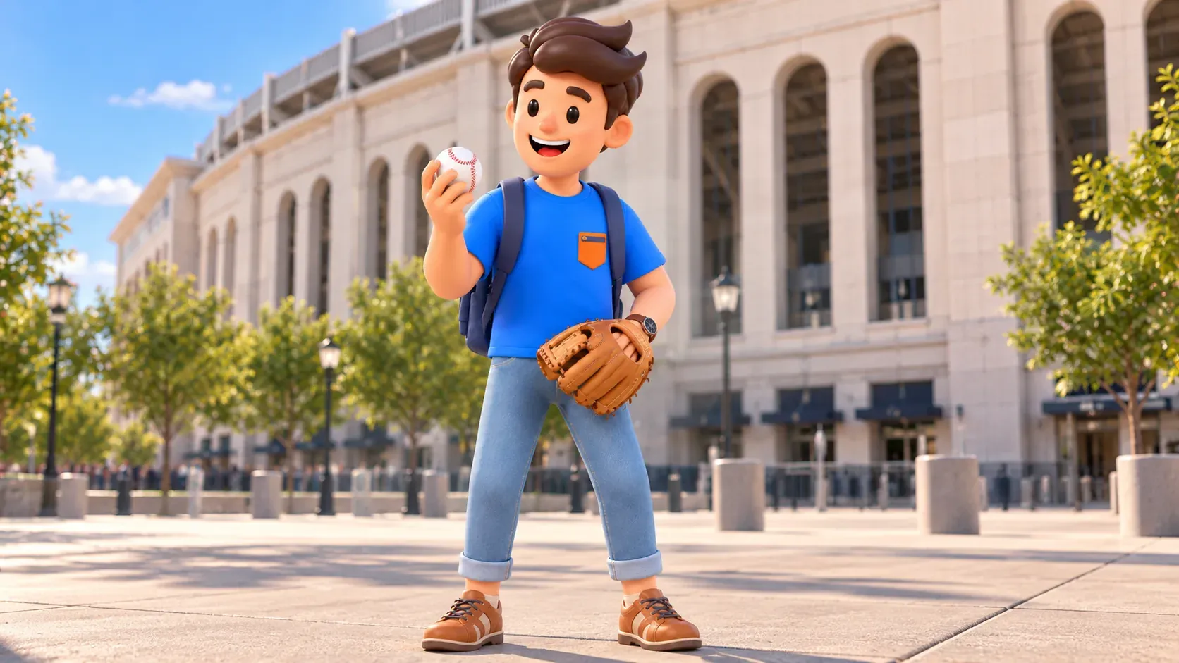 Die Figur hält Baseball und Handschuh vor einer hellen Stadionfassade