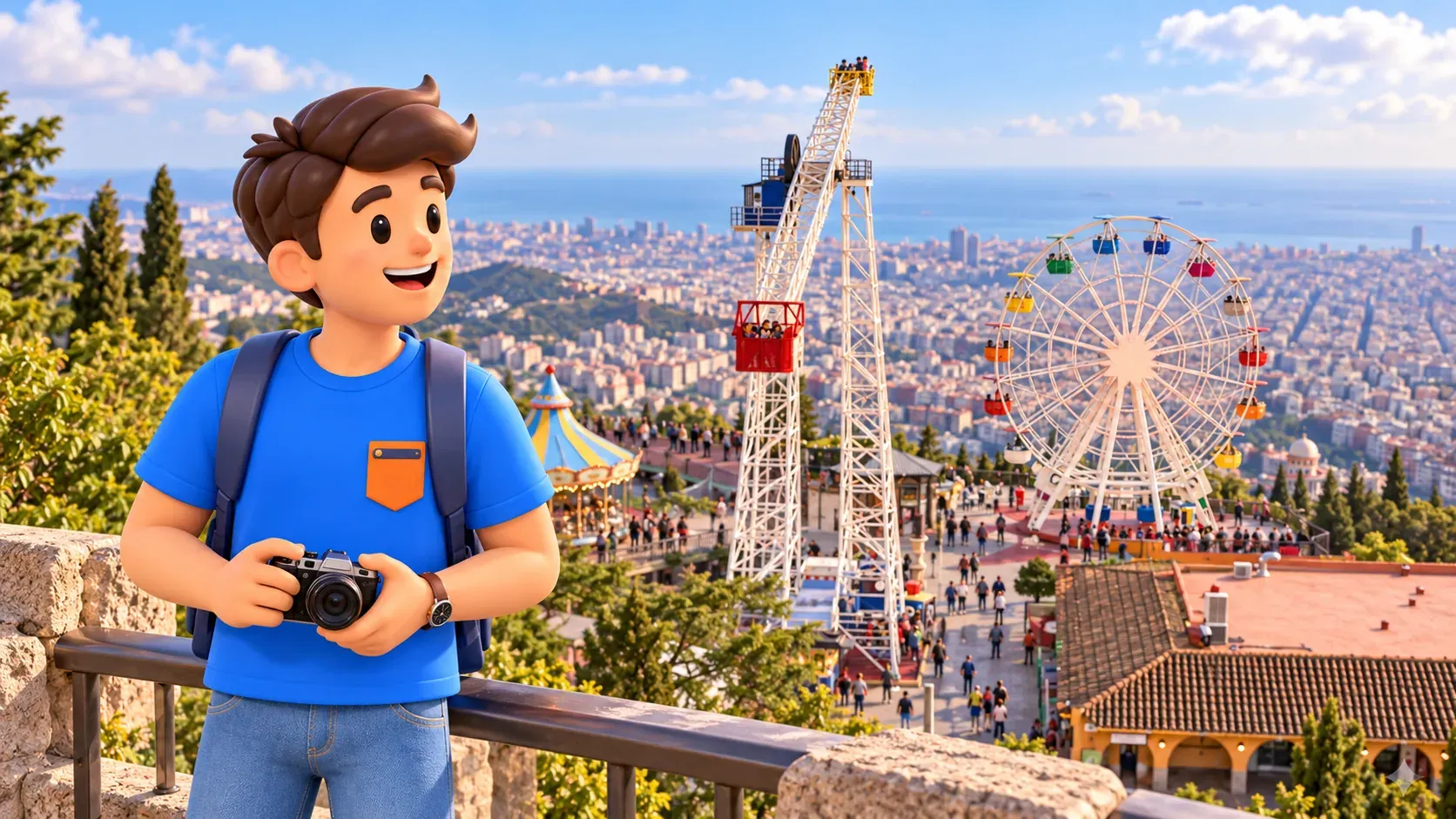 Illustration eines Reisenden mit Kamera am Tibidabo über Stadt, Giradabo-Riesenrad und Talaia-Turm.