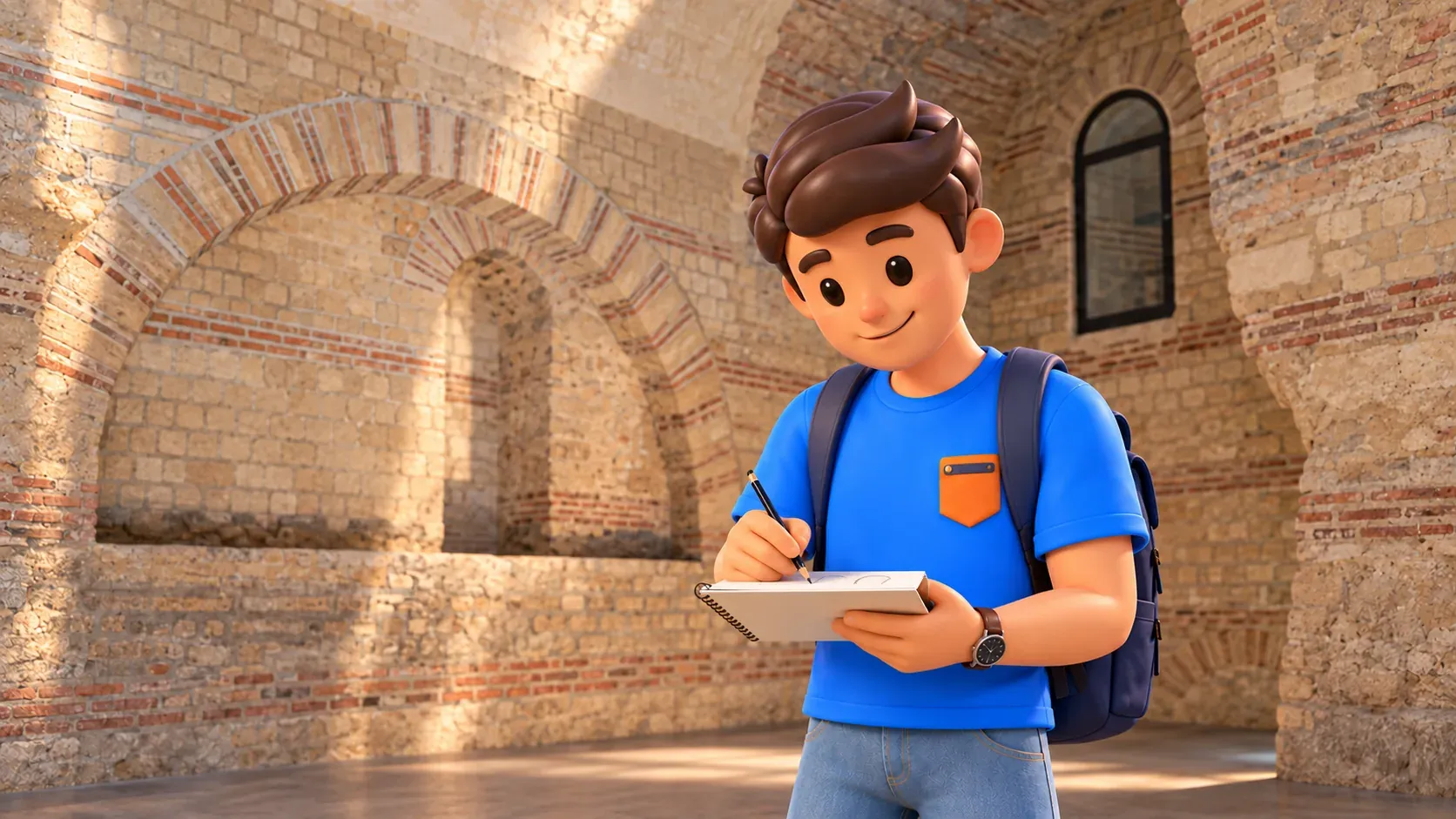 Personnage dessinant des arcs devant la maçonnerie romaine de Cluny
