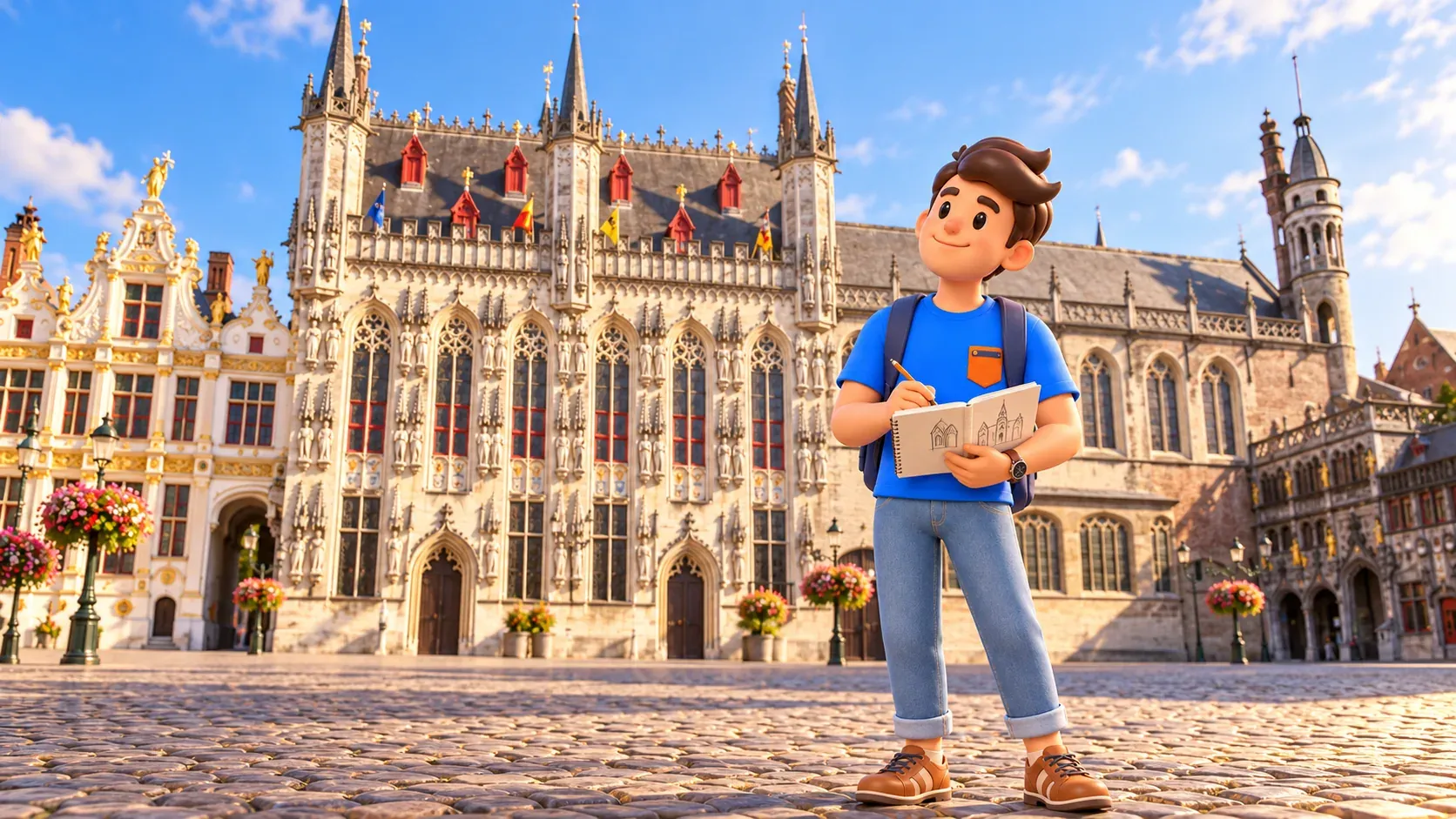 Figur mit Notizbuch und Bleistift betrachtet das gotische Rathaus am Burg