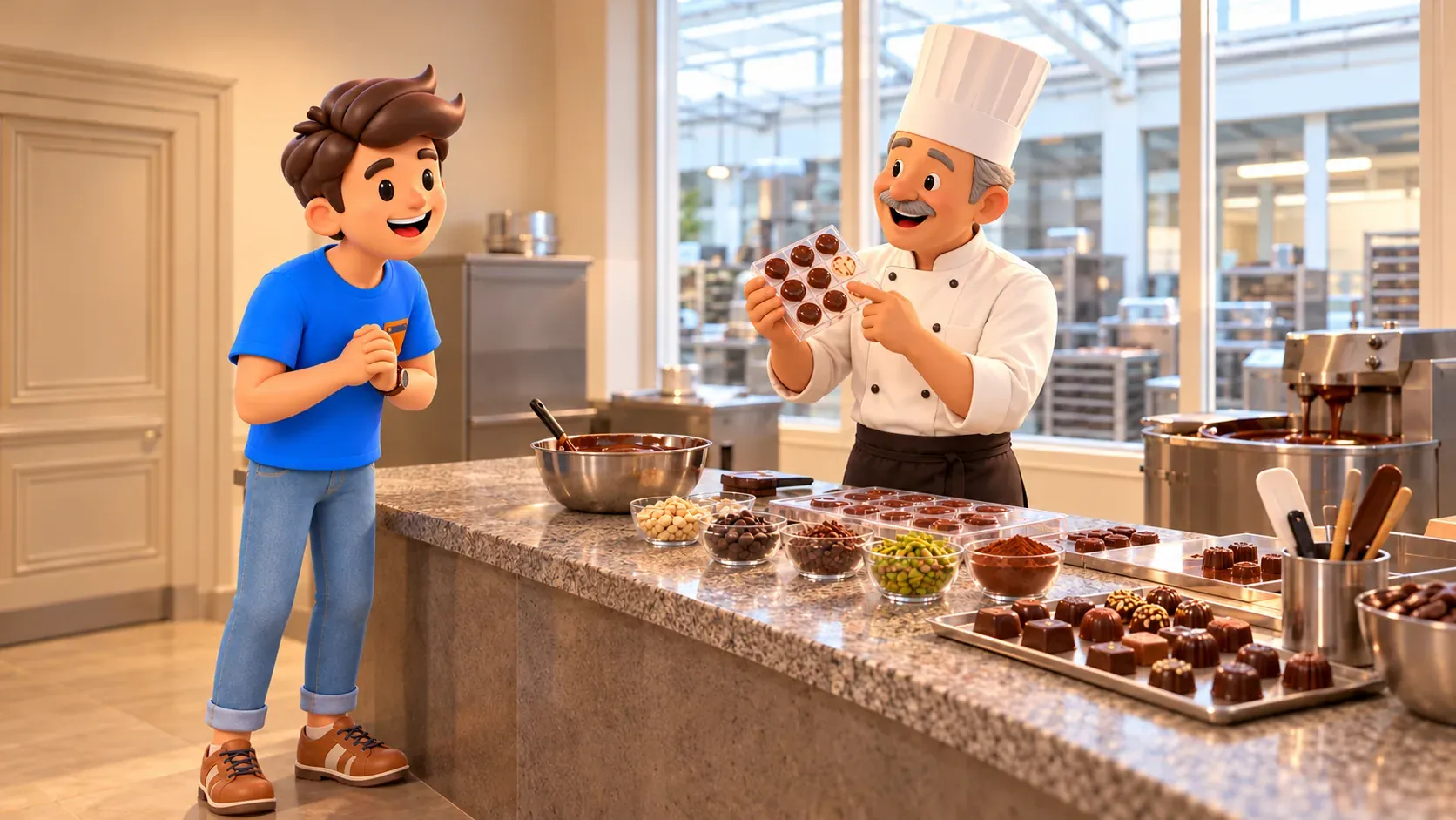 Figur beobachtet von der Besucherseite im Choco-Story einen Chocolatier mit Pralinenform