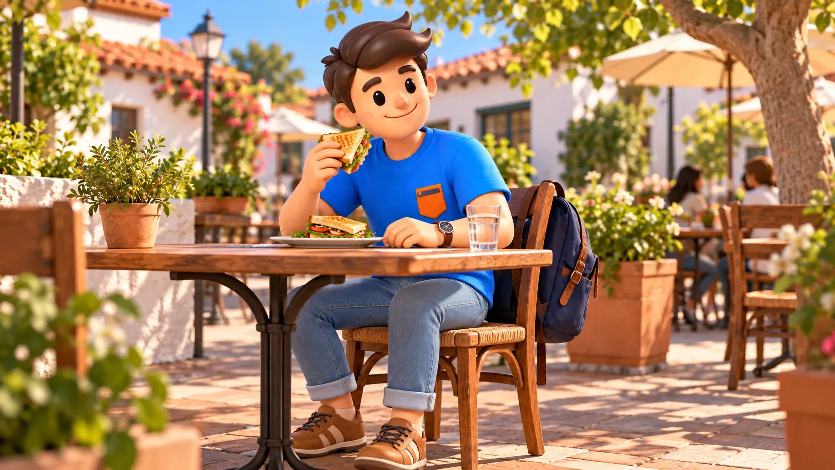 Viajero con sándwich en una mesa de terraza a la sombra; pausa de comida ilustrada.