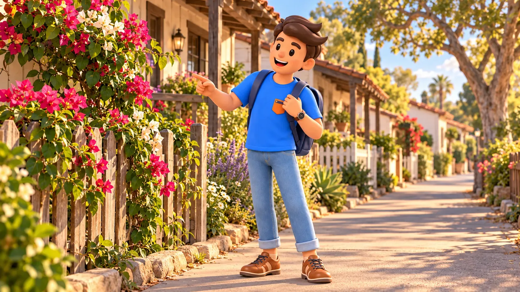 El viajero observa flores tras una valla desde el camino público de una calle histórica.